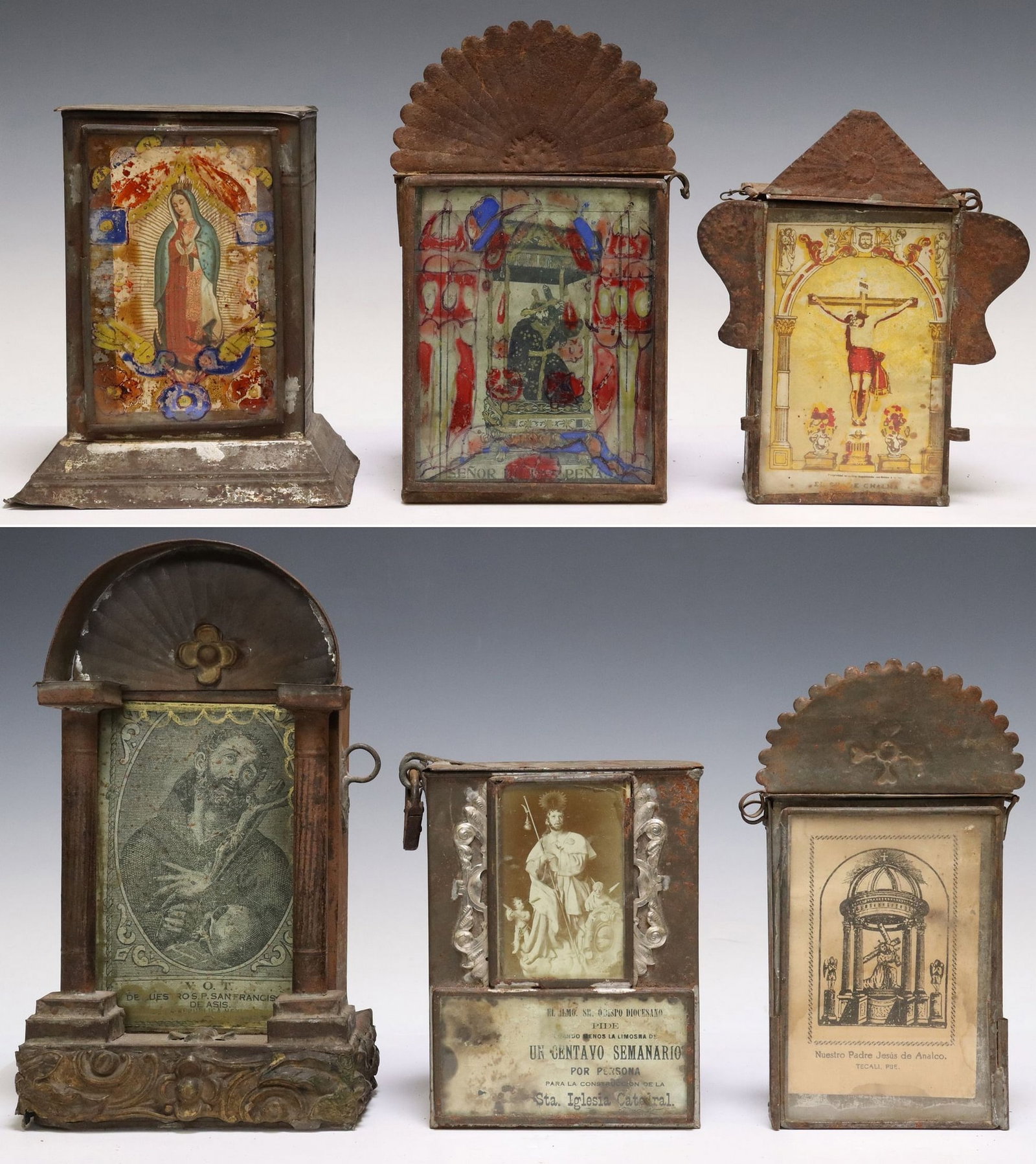(6) FRAMED TIN ALMS BOXES WITH RELIGIOUS FIGURES, MEXICO: (lot of 6) Framed alms boxes with religious prints, Mexico, each having slot to top and handles to back, including: alms for the construction of Santa Iglesia Catedral, (1) image of Saint Fr