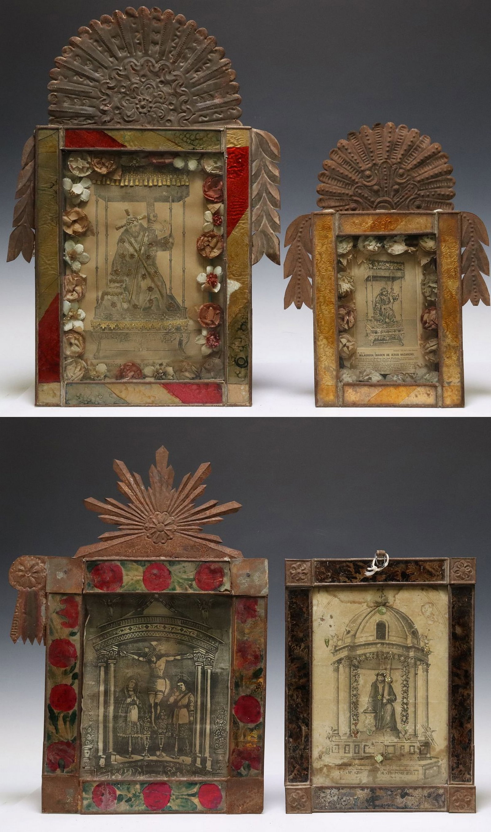 (4) FRAMED RELIGIOUS RETABLO PRINTS, MEXICO: (4) Framed retablo prints, Mexico, each housed in an embossed metal nicho/frame, including: (3) Milagrosa Imagen de Jesús Nazareno, each framed by glass borders (two) with paper flowe