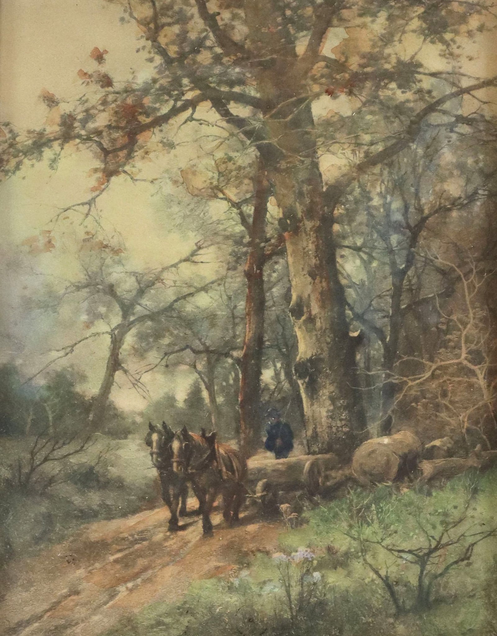 ADOLF KAUFMANN (1848-1916) WATERCOLOR HORSE-DRAWN LOGGING CART: Framed watercolor painting on paper, Horse-drawn Logging Cart, signed lower right A. Kaufmann (Adolf Kaufmann, Austrian, 1848-1916), sight: approx 7.5"h, 5 7/8"w, overall: approx 12.25"
