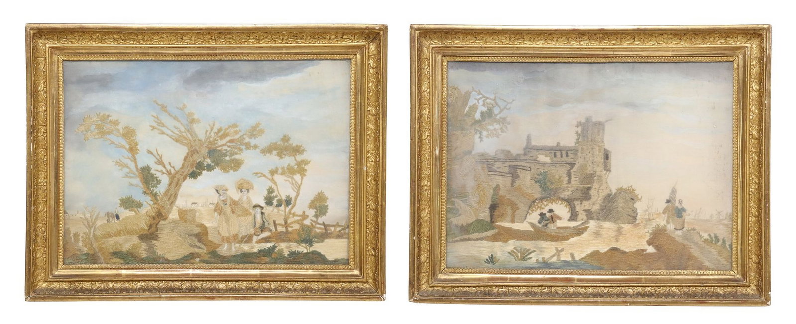 (2) FRAMED PAINTED & NEEDLEWORK EMBROIDERED SILK PICTURES: (lot of 2) Framed needlework pictures, worked with silk and chenille threads, watercolor on a silk ground, (one) pastoral scene with gleaners, (one) river landscape, sight: approx 9.5"h, 13.25&qu