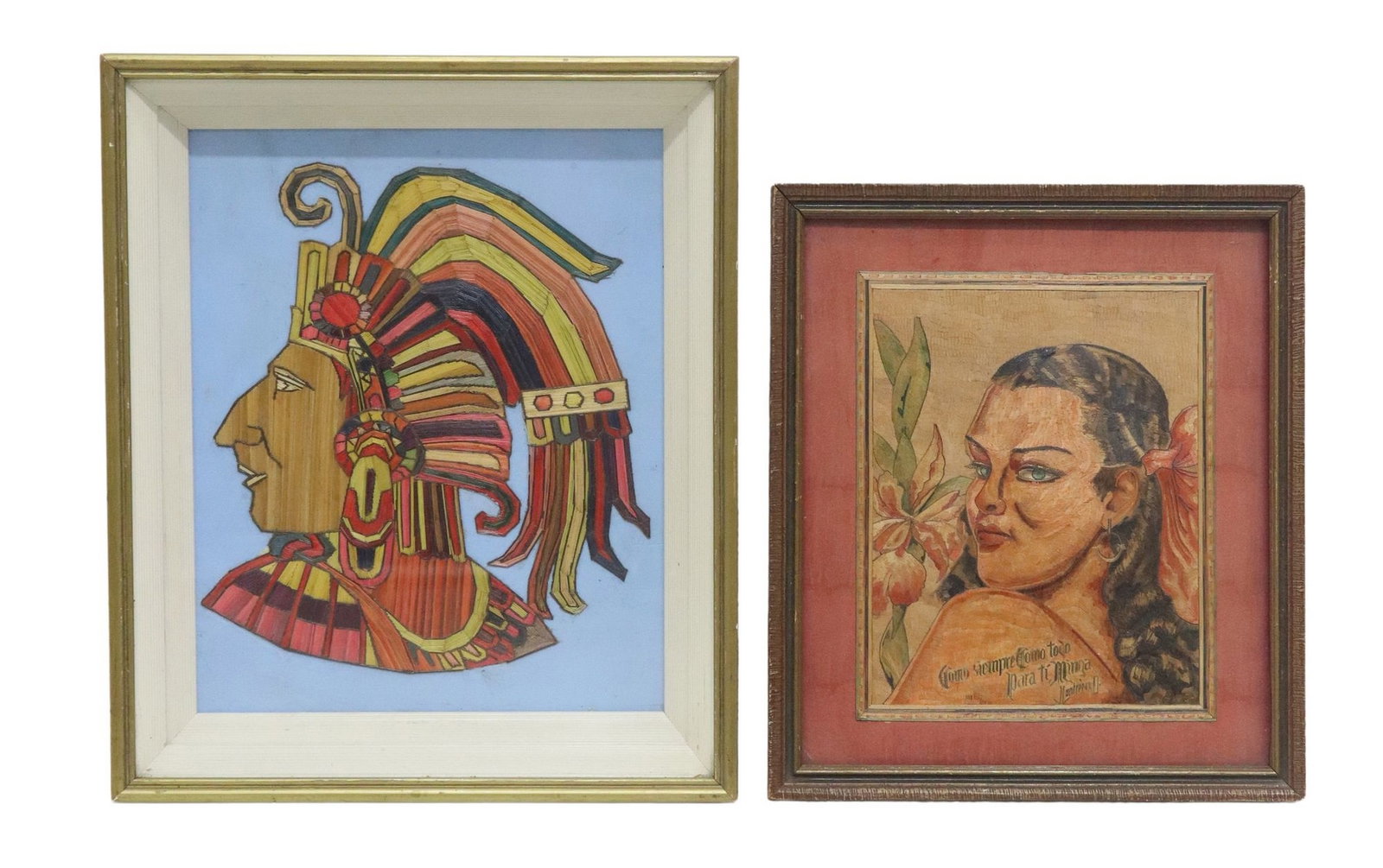 (2) FRAMED MEXICAN FOLK ART STRAW MARQUETRY 'POPOTILLO' ART: (lot of 2) Framed folk art 'popotillo' art, Mexico, dyed straw mosaics mounted on paper, including: (1) Aztec Warrior, sight: approx 13"h, 10.5"w, overall: approx 16.75"h,
