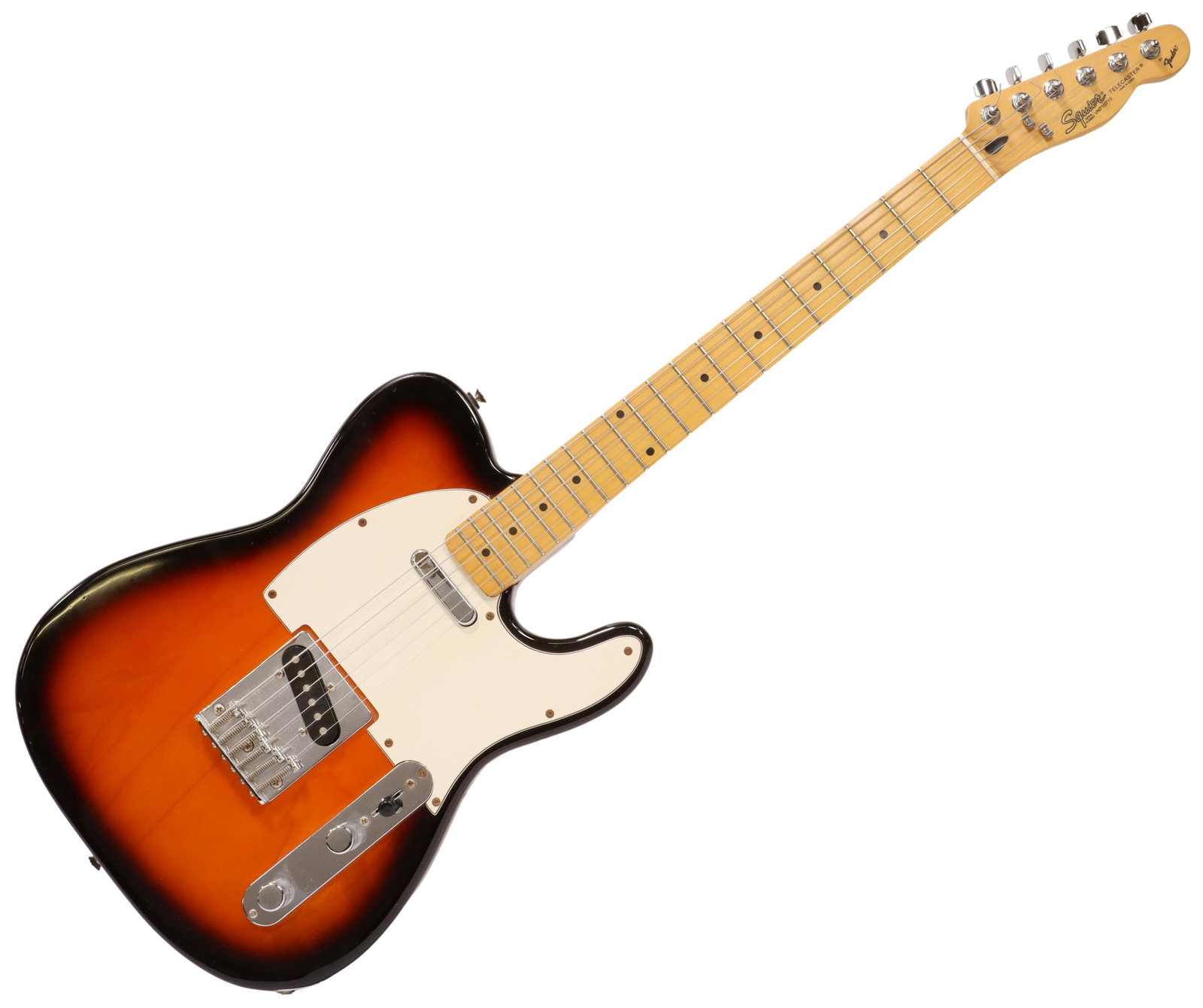 FENDER SQUIRE TELECASTER BROWN SUNBURST ELECTRIC GUITAR: Fender Squire Telecaster electric guitar, brown sunburst body with contrast white pick guard, accompanied by soft case, guitar: approx 3"h, 44"w, 20"d, 9.75lbs