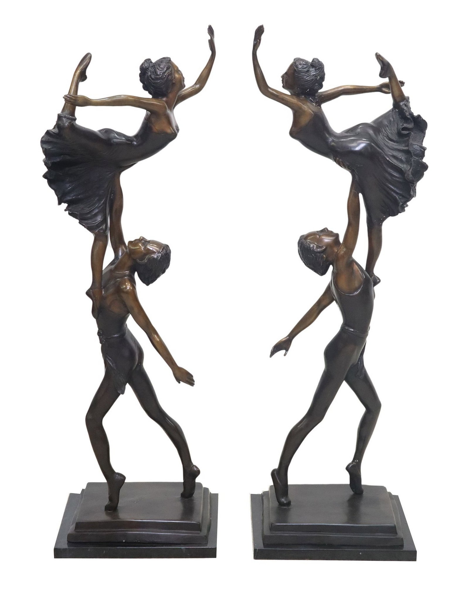 (2) PATINATED BRONZE SCULPTURES OF DANCING FIGURES, 38.5"H: (lot of 2) Patinated bronze sculptures, Dancing Couple, depicting two dancers performing a lift, rising on stepped base signed in cast Cloudian, approx 38.5"h, 12"w, 10"d, 30.5lbs