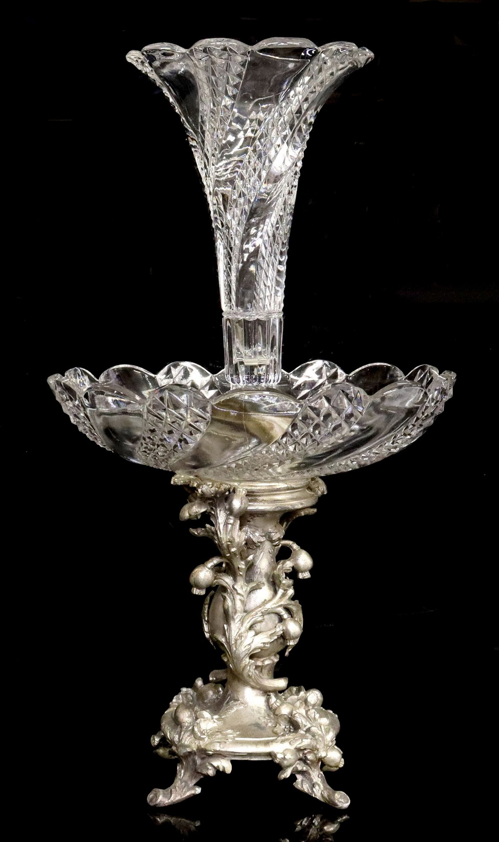 FRENCH BACCARAT MOLDED GLASS CENTERPIECE EPERGNE: French Baccarat centerpiece epergne, glass flute and bowl with molded diamond pattern, on metal stand in a silver-tone finish, with naturalistic motifs, glass bowl marked Baccarat depose within the mo