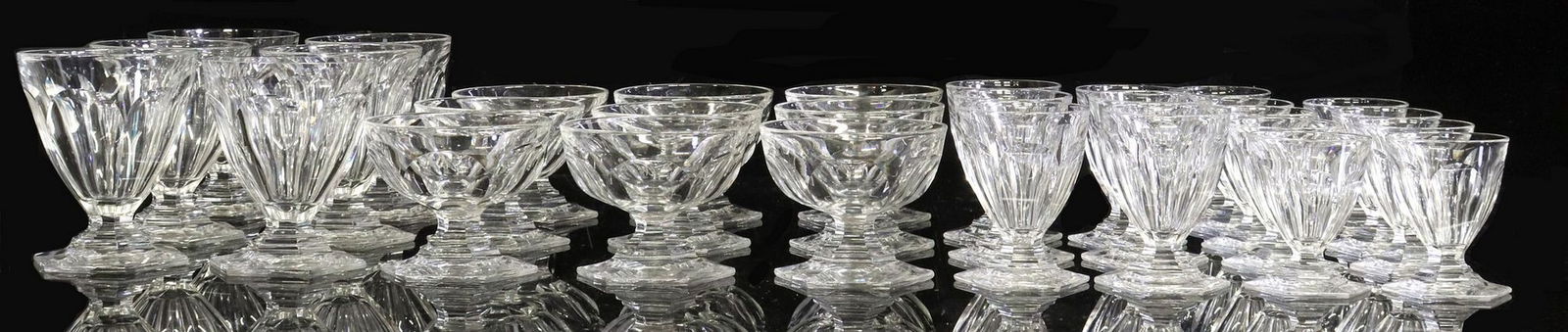 (30) FRENCH BACCARAT 'COMPIEGNE' CUT CRYSTAL STEMWARE GLASSES: (lot of 30) French Baccarat cut crystal stemware, in the "Compiegne" pattern, each with acid-etched maker's mark underfoot, including: (9) footed cocktail glasses, approx 3.5"h, 3 7