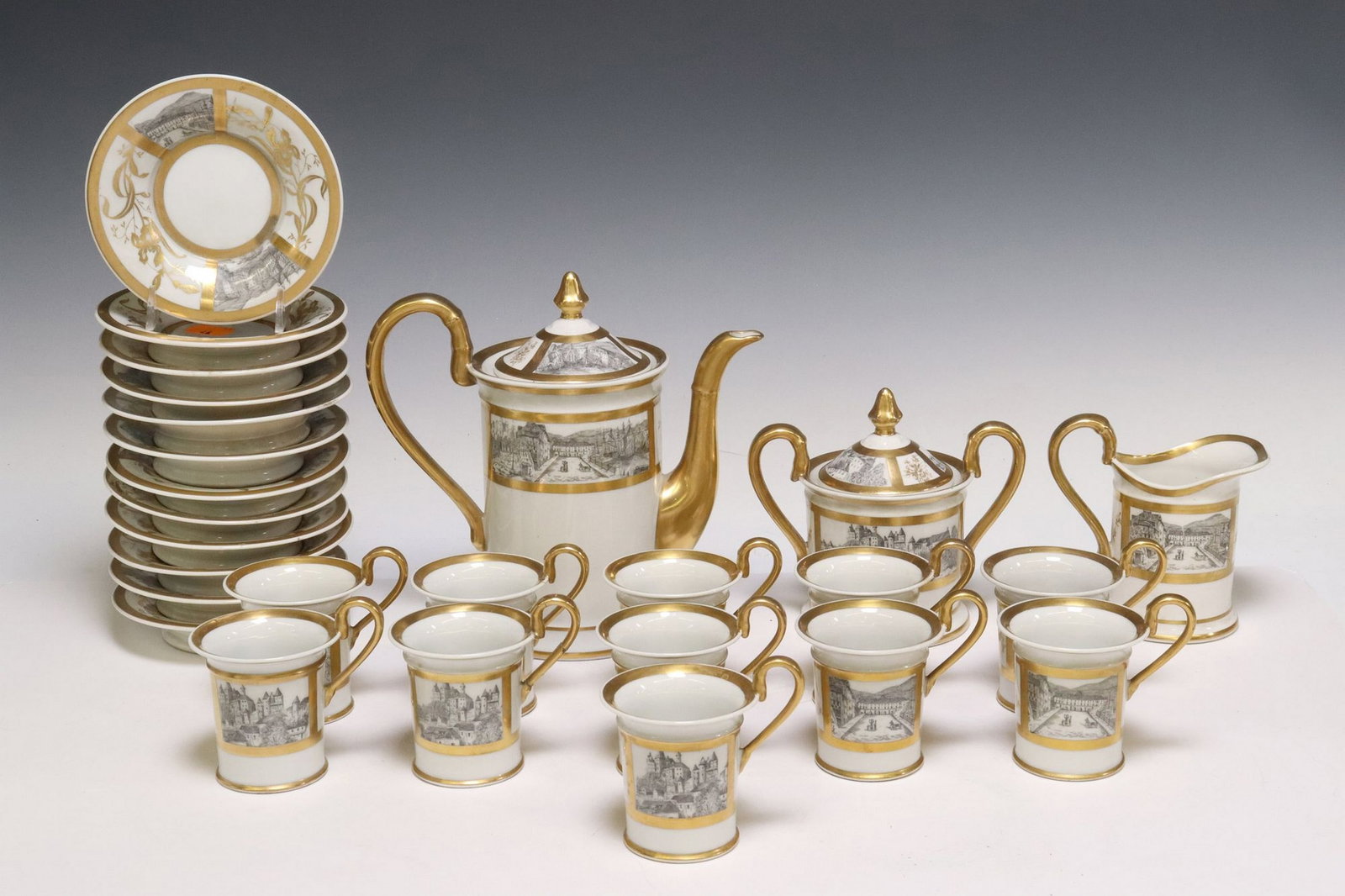(26) FRENCH R. BOYER PARCEL GILT LIMOGES PORCELAIN TEA SERVICE: (lot of 26) French Limoges porcelain tea set, R. Boyer, each piece with parcel gilt decoration and grisaille village scenes, including: (1) teapot, approx 8"h, 8.5"w, 4.25"d; (1) covere