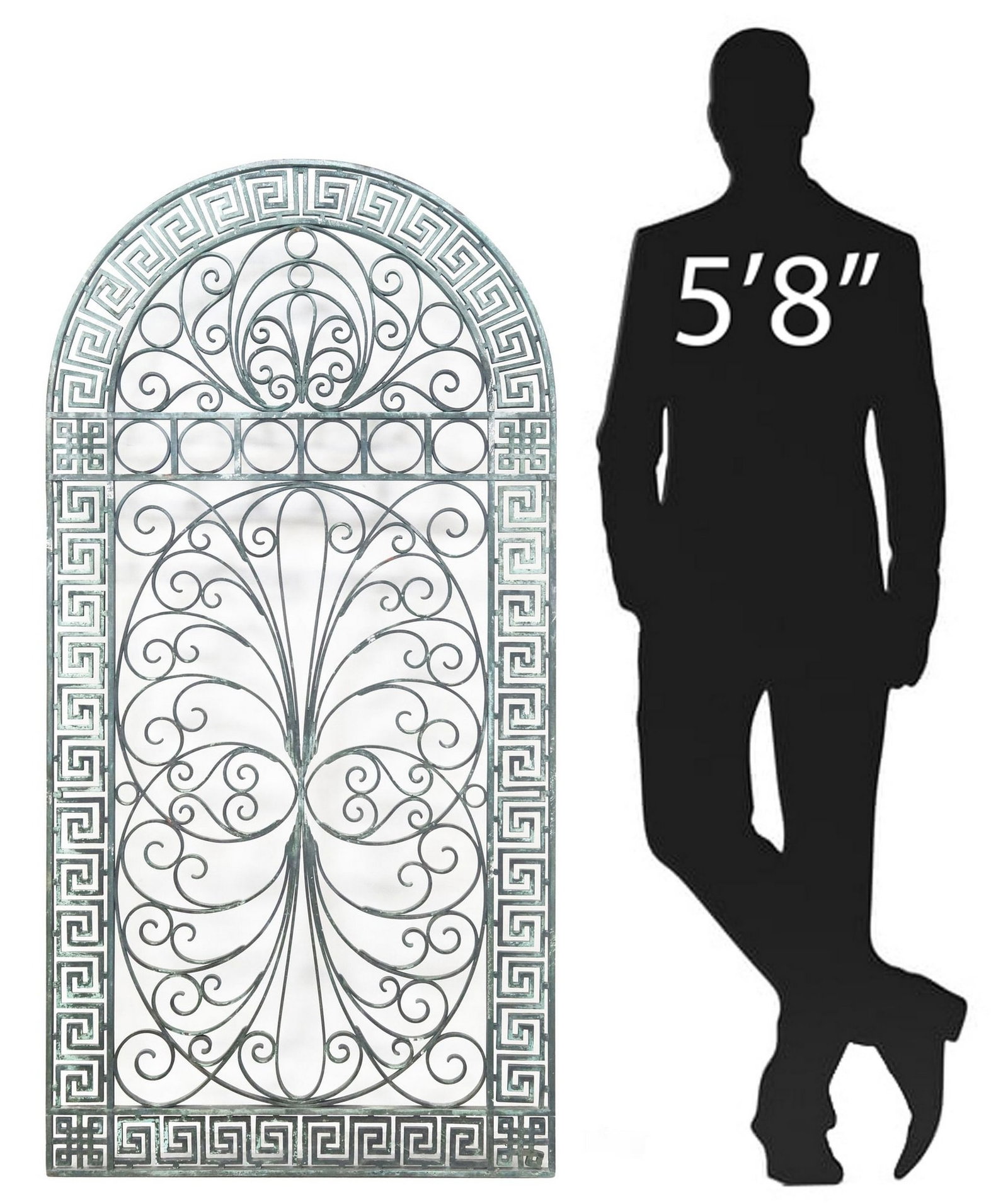 VERDIGRIS PATINATED BRONZE ARCHITECTURAL WINDOW, 60"H: Architectural verdigris patinated bronze window screen, having arched frame with meander trim, encasing symmetrical scrollwork designs, approx 60"h, 30"w **Provenance: A very fine 