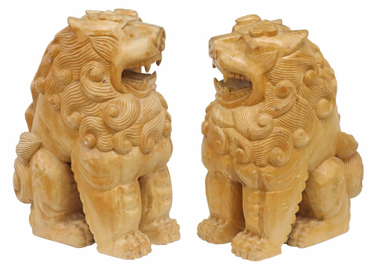(2) LARGE JAPANESE CARVED HARDWOOD TEMPLE GUARDIAN LIONS, 25.5"H: (pair) Large Japanese carved hardwood guardian lions, each seated with opposite facing gaze, stamped character mark at back, approx 25.5"h, 11"w, 18"d, 83lbs total **Provenanc