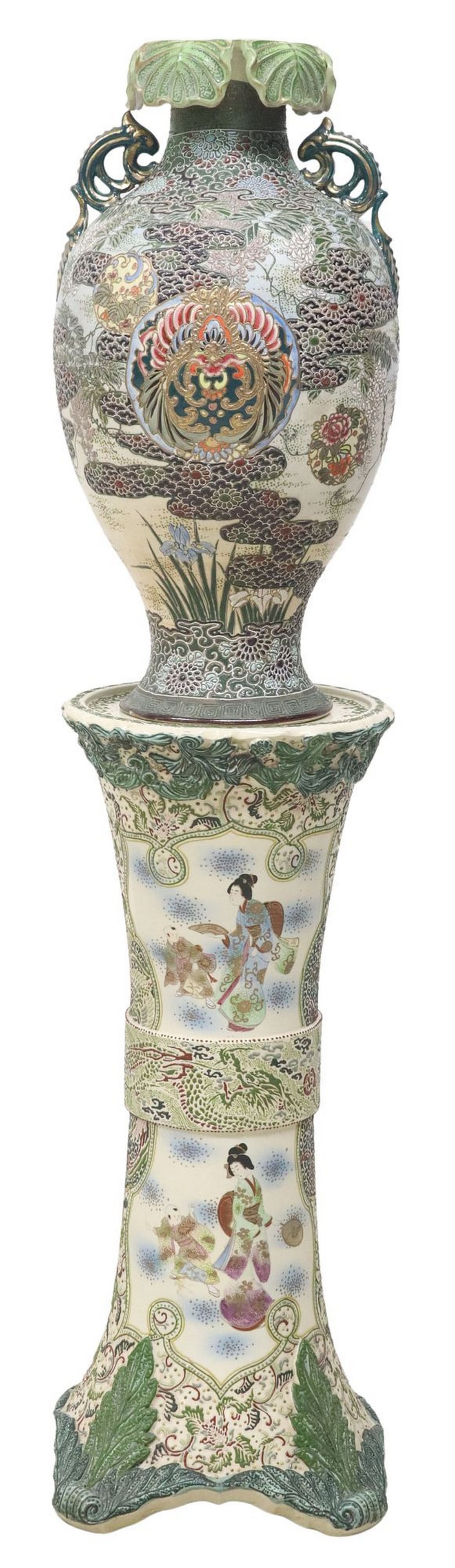 JAPANESE SATSUMA-TYPE MORIAGE POTTERY VASE ON PEDESTAL: Japanese Satsuma-type pottery vase on pedestal, raised enamel decoration, with phoenix, flowers, landscapes, and women with children, underside of pedestal intact with stable hairline, vase: