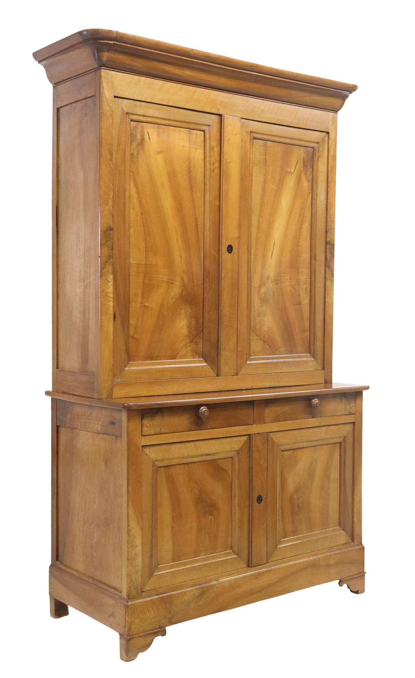 FRENCH LOUIS PHILIPPE PERIOD WALNUT SIDEBOARD: French Louis Philippe period walnut sideboard, mid 19th c., molded cornice, double-door cabinet enclosing fabric-lined interior with shelves and drawer, lower case fitted with two drawers, over two ca