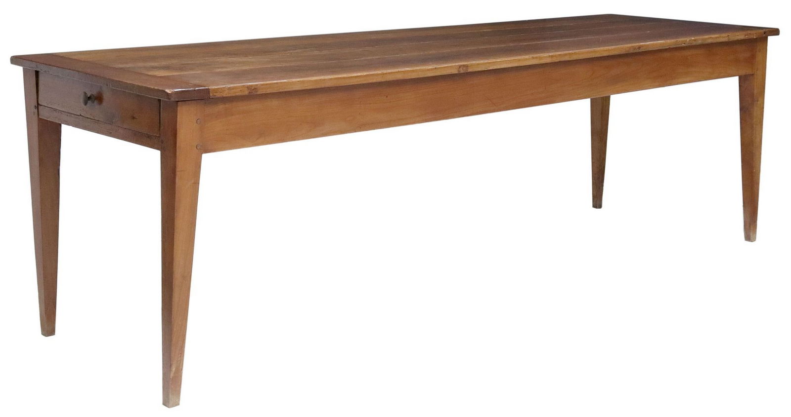 FRENCH PROVINCIAL FRUITWOOD FARMHOUSE TABLE, 92"L: French Provincial fruitwood farmhouse table, late 19th c., having rectangular top comprised of four boards, one side of apron fitted with single drawer, rising on tapering square legs, approx 29"