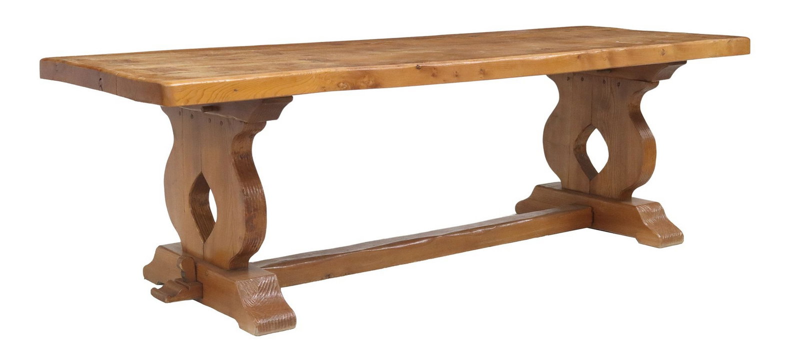 FRENCH MONASTERY OR REFECTORY OAK TRESTLE TABLE, 94"L: French oak trestle table, 20th c., having 2.75" thick top comprised of three boards, with geometric parquetry, rising on turned supports joined by cross stretcher with mortise and tenon join