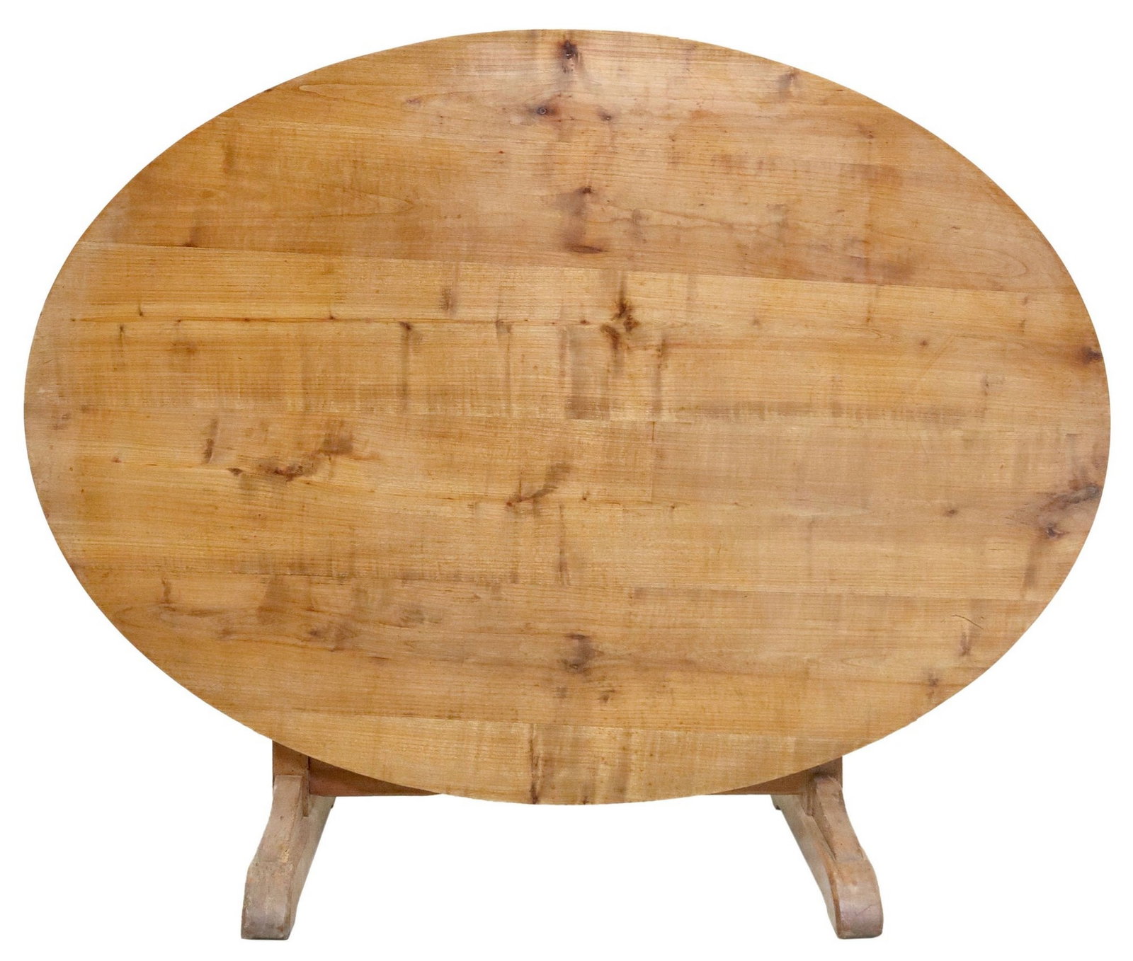 FRENCH PROVINCIAL TILT-TOP WINE TASTING TABLE: French Provincial wine tasting table, early 20th c., oval tabletop, on trestle base, with swing harp-form support, top up: approx 47.5"h, top down: approx 28"h, 58.5"w, 42.5"d