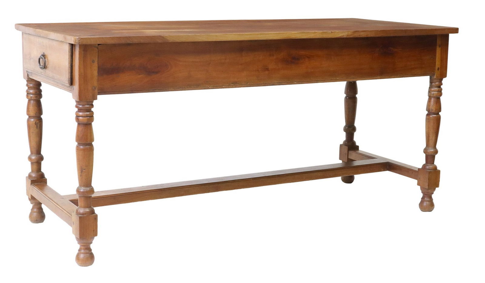 FRENCH PROVINCIAL FRUITWOOD KITCHEN OR WORK TABLE: French Provincial fruitwood work table, late 19th c., having rectangular top, over apron fitted with single drawer at one end, opposite end with pull-out work surface, rising on turned suppo