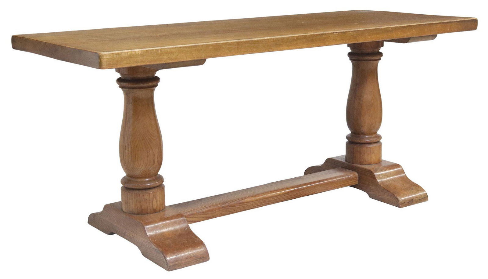 FRENCH CARVED OAK REFECTORY TRESTLE TABLE: French carved oak trestle table, 20thc., H stretcher joined, rising on molded shoe base, approx 31 1/8"h, 70 7/8"l, 28 7/8"w, bottom of apron to floor (clearance): 28 7/8"