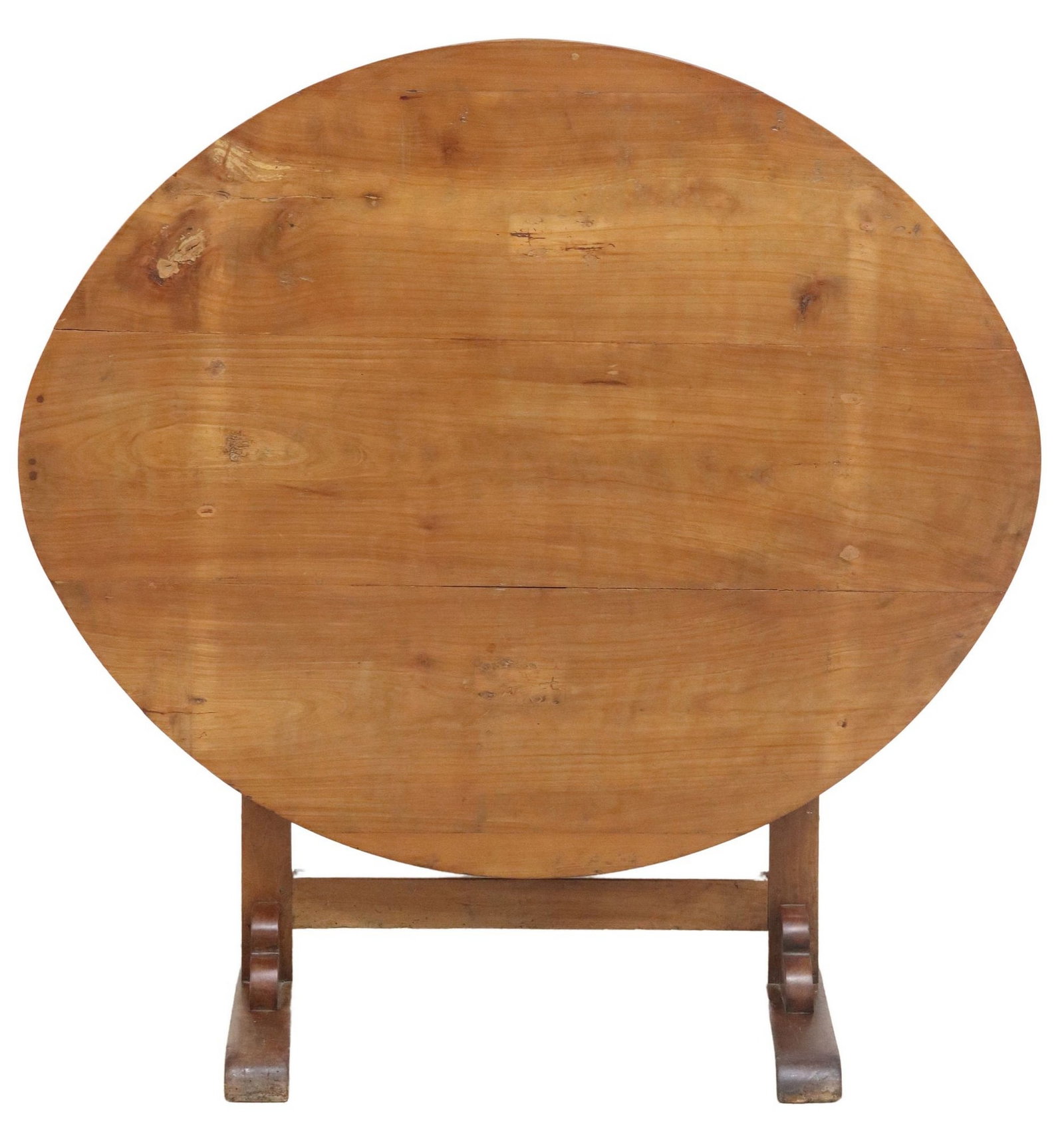 RUSTIC FRENCH PROVINCIAL FRUITWOOD TILT-TOP WINE TASTING TABLE: Rustic French Provincial fruitwood tilt-top wine tasting table, 19th c., having ovular tabletop, rising on a trestle base, with pivoting support, top up: approx 46.5"h, top down, approx 28.75&quo