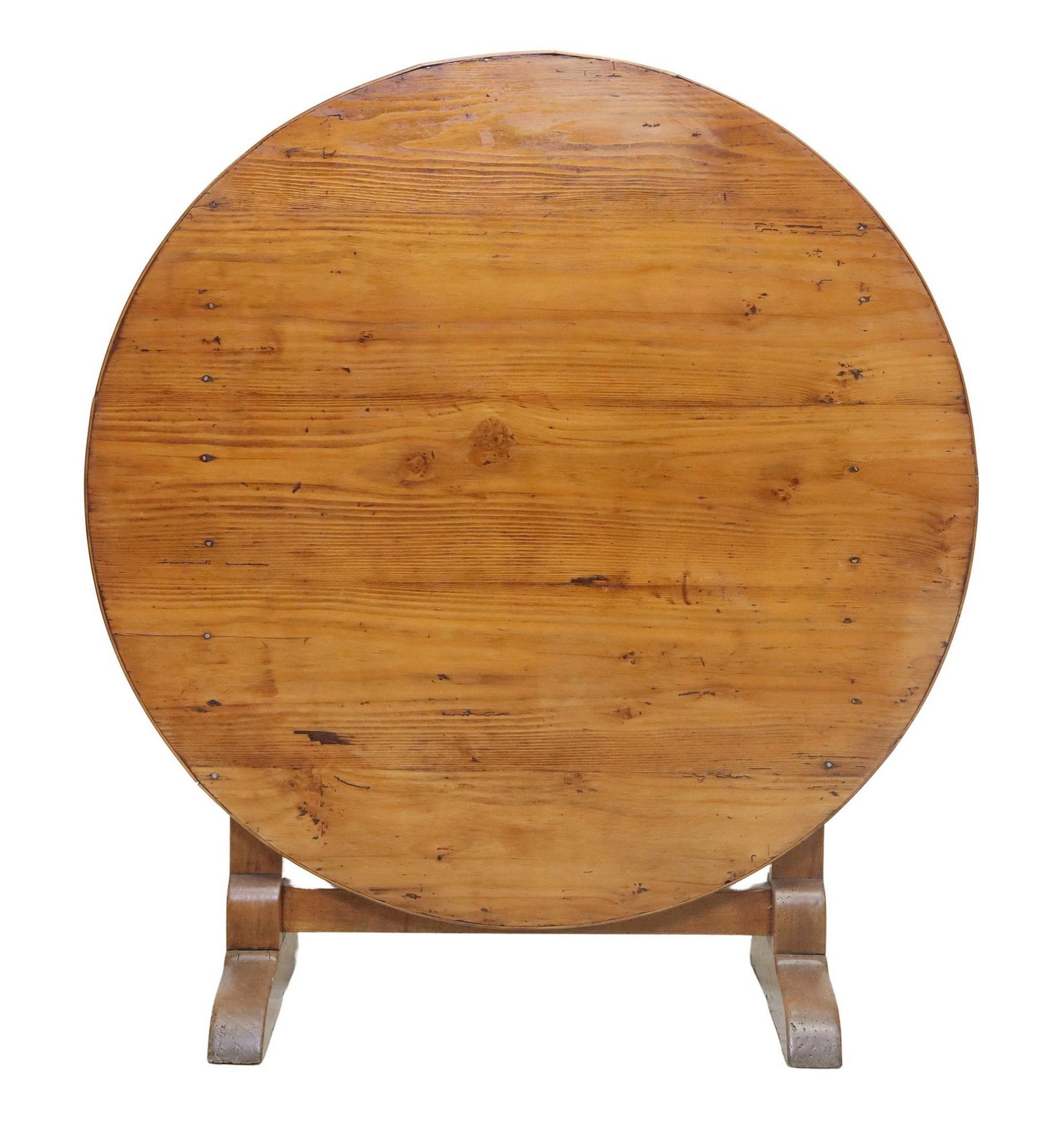 RUSTIC FRENCH PROVINCIAL TILT-TOP WINE TASTING TABLE: Rustic French Provincial tilt-top wine tasting table, late 19th c., having round tabletop, rising on a trestle base, with pivoting support, top up: approx 45.75"h, top down, approx 26.5"h, 4