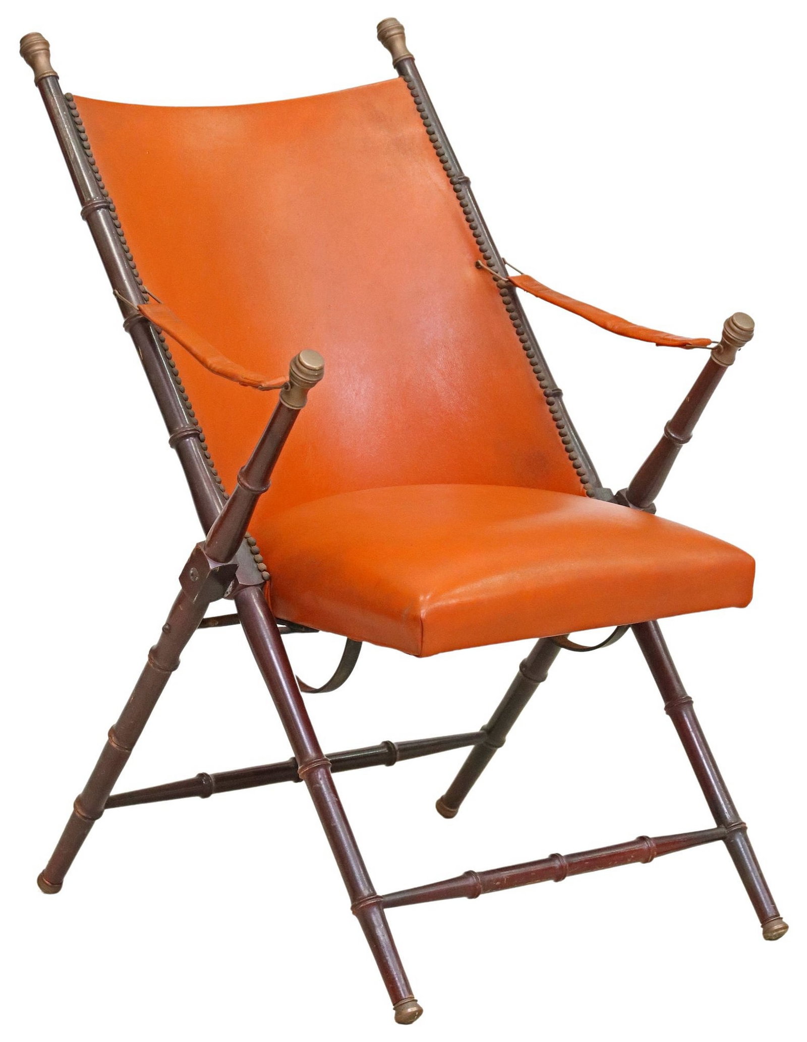 CAMPAIGN-STYLE FAUX BAMBOO FOLDING CHAIR: Campaign-style folding chair, mid 20th c., frame with faux bamboo turnings, orange leather upholstery, trimmed with nail-heads, approx 37"h, 23.25"w, 25"d, seat height: approx 18"h