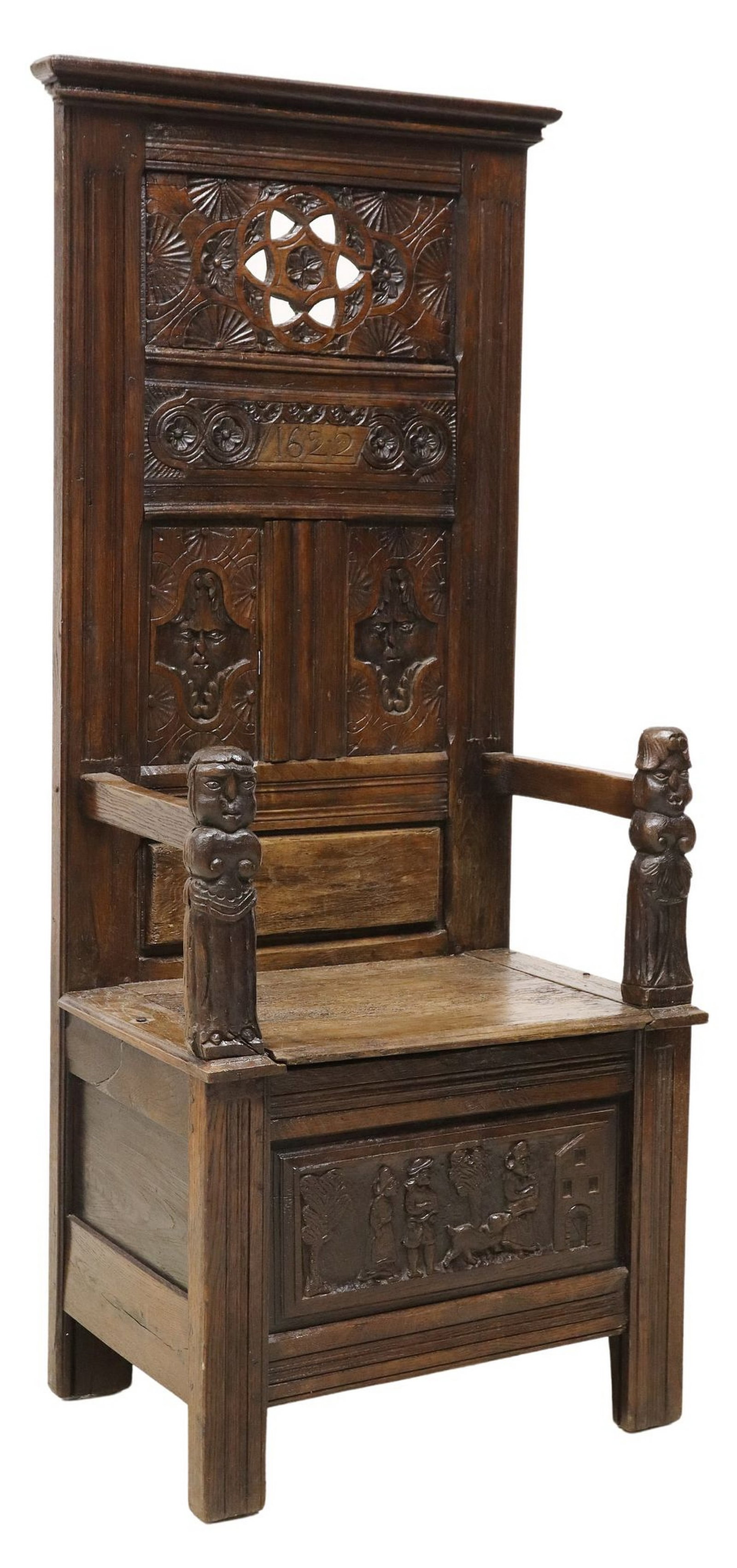 WELL-CARVED FRENCH OAK HALL CHAIR: French oak hall chair, carved and pierced back incised "1622," arms terminating in figural uprights, hinged bench seat, coffer base, front panel with provincial genre scene in reli