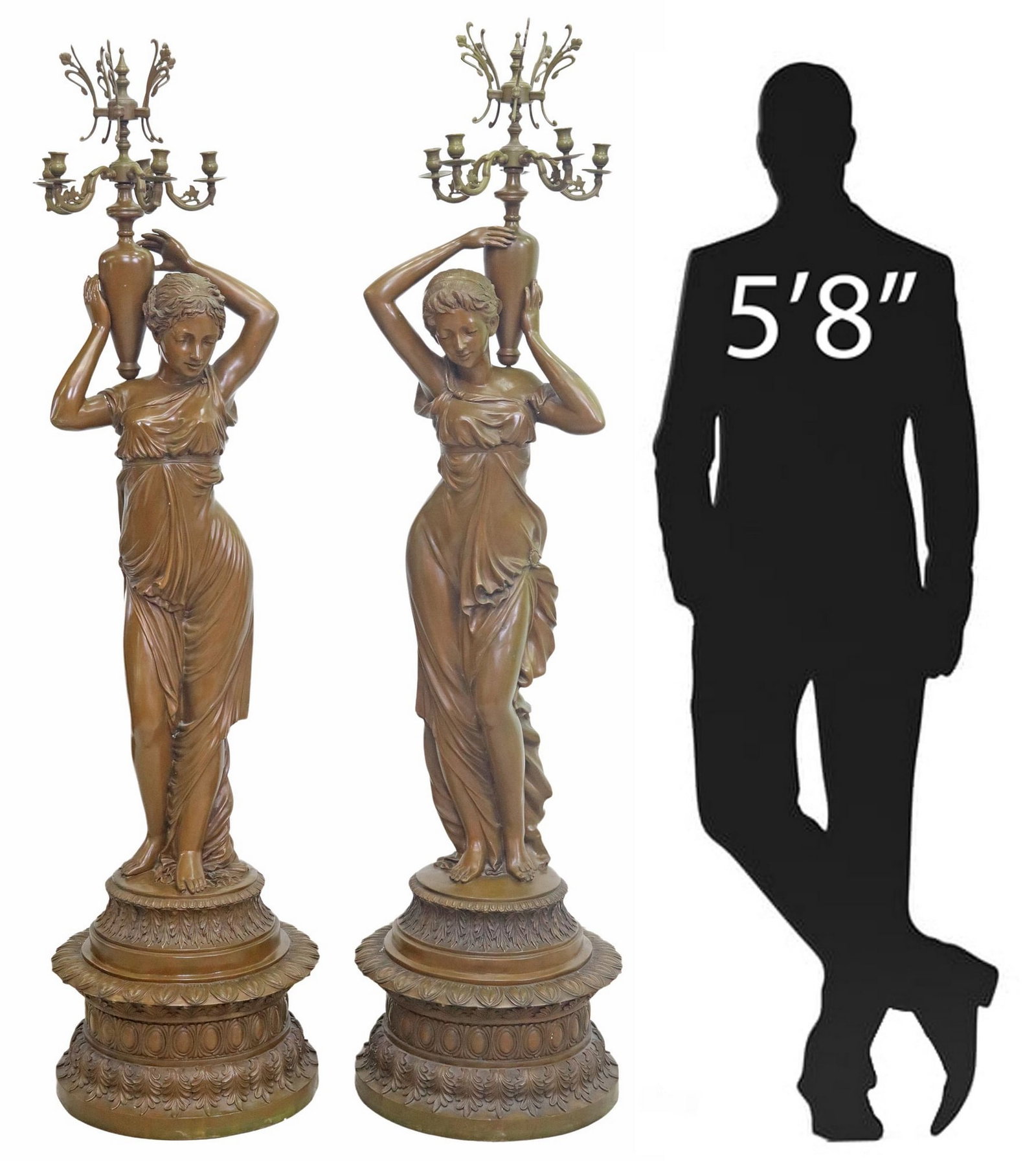 (2) LARGE BRONZE FIGURAL BEAUTY 5-LT TORCHIERE, 70"H: (lot of 2) Large bronze figural five-light candelabra/ hall trees, each in a brown and green finish, modeled as a Classical style female figure in draped gown, holding vase on shoulder, candelabra wit