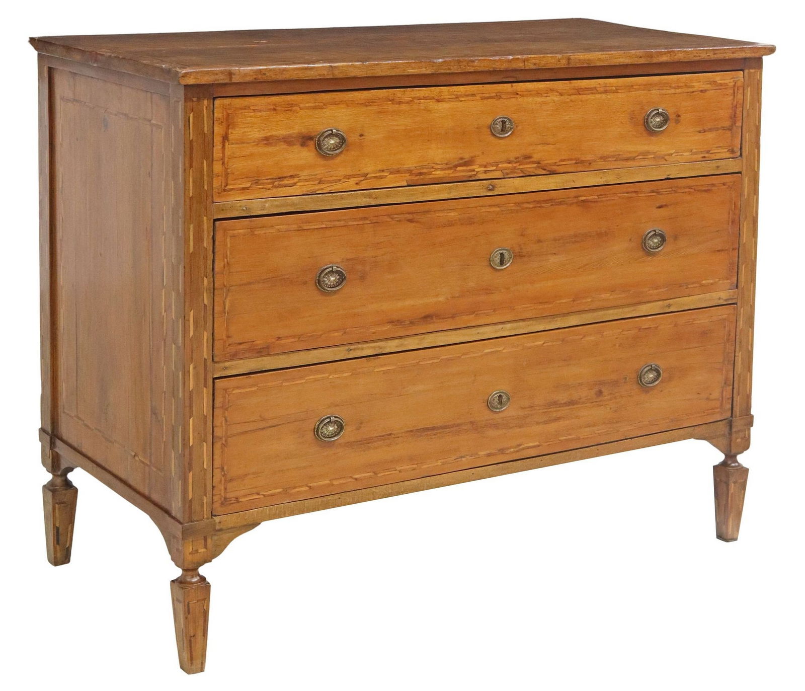 ITALIAN NEOCLASSICAL PARQUETRY COMMODE, 18TH C.: Italian Neoclassical marquetry commode, 18th/ 19th c., having rectangular top with inlaid star, surmounted by geometric parquetry, over three drawers, gilt metal pulls, ending on tapere