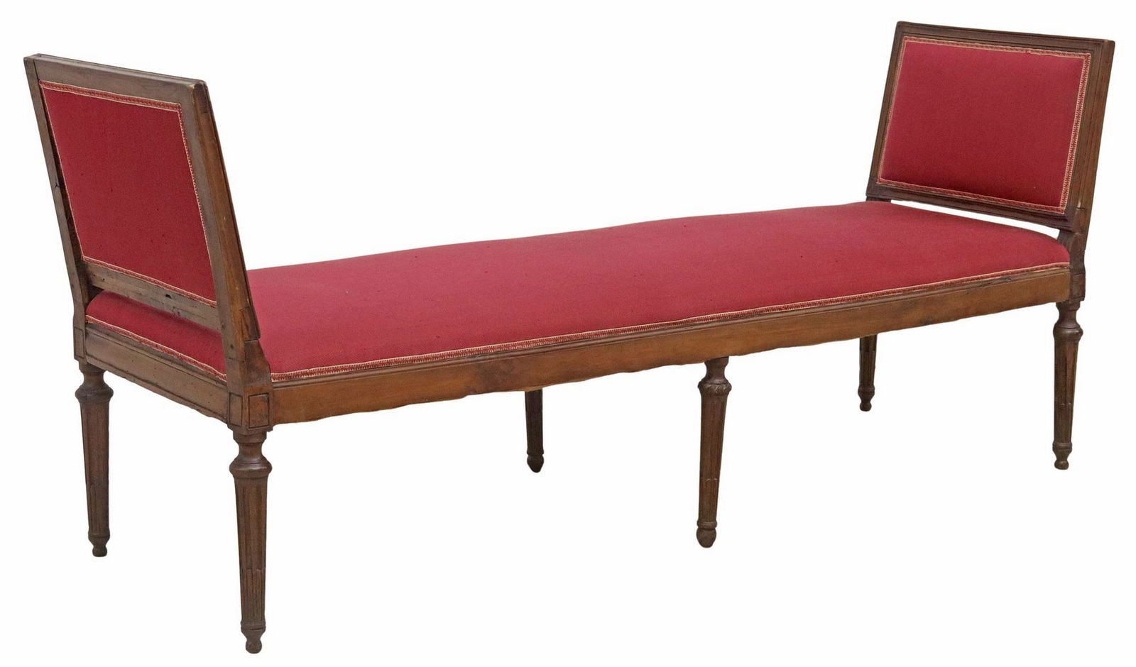 FRENCH LOUIS XVI STYLE UPHOLSTERED WINDOW SEAT OR DAY-BED: French Louis XVI style window bench or day-bed, late 19th c., having padded seat and sloped sides, in red fabric upholstery, with ribbon trim, rising on fluted tapered legs, intact with restoration to