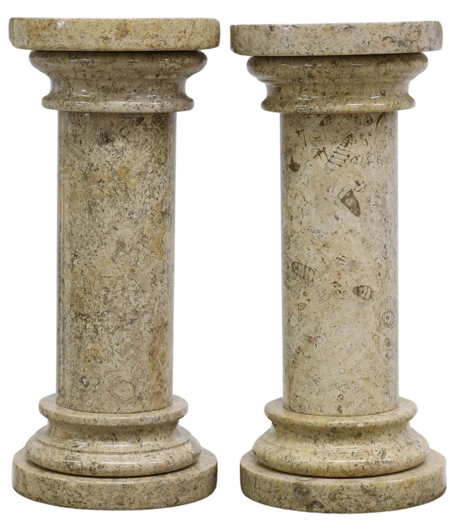 (2) FOSSILIFEROUS LIMESTONE COLUMNAR PEDESTALS OR PLANT STANDS, 32"H: (pair) Stone pedestals/ plant stands, likely polished fossiliferous limestone, having circular top and base, flanking smooth columnar standard, (one) with small chip near base, (one) intact with resto