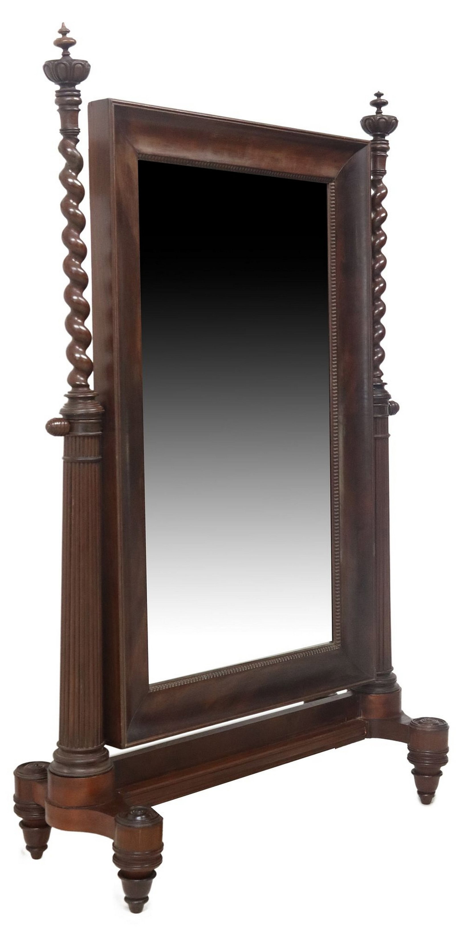 FRENCH MAHOGANY OGEE & SPIRAL TWIST CHEVAL MIRROR: French mahogany standing cheval mirror, early 20th c., ogee frame with beaded molding, encasing flat mirror plate, flanked by spiral columns with top finials, ending on shaped feet, small ar