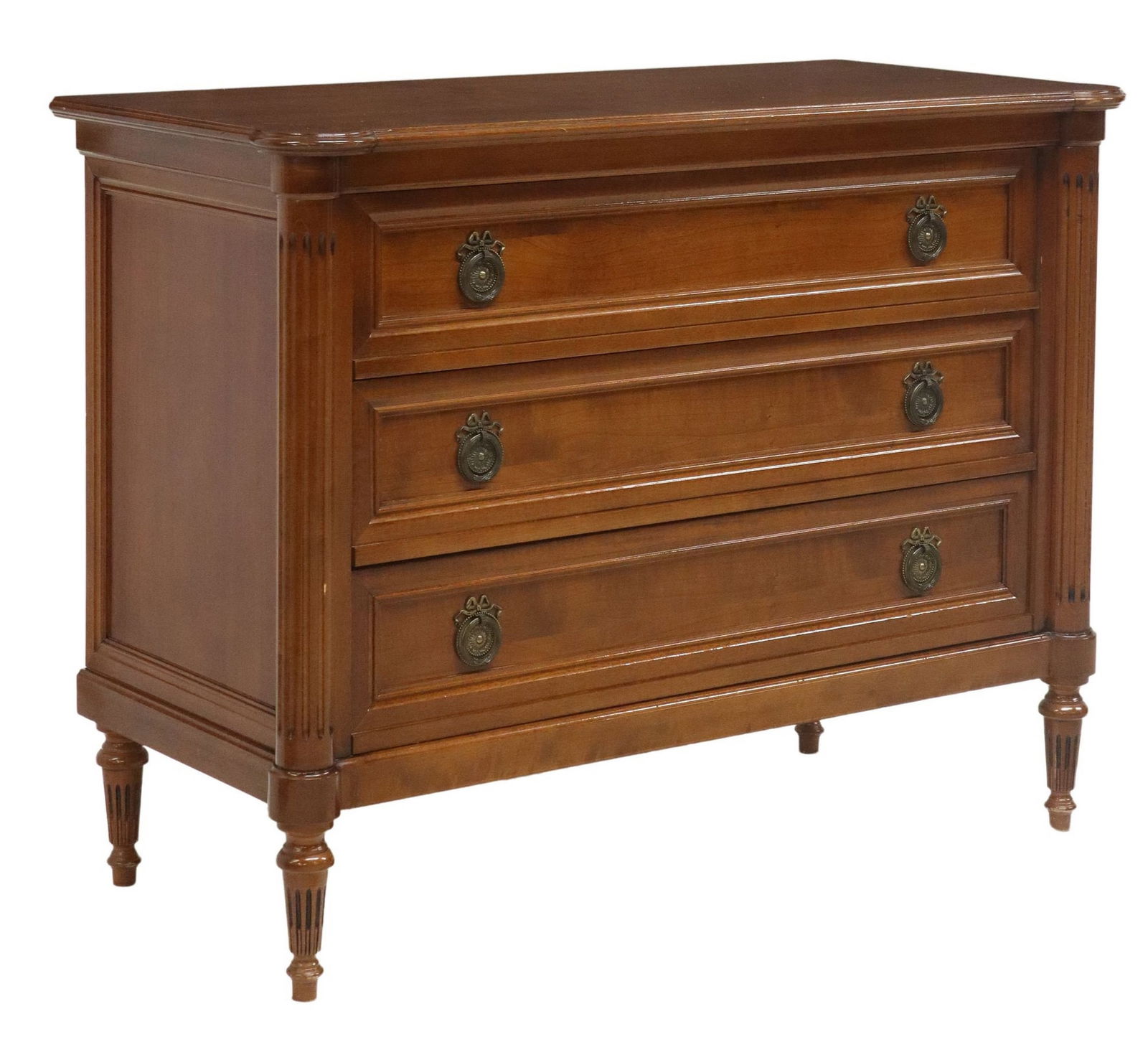 LOUIS XVI STYLE THREE-DRAWER COMMODE: Louis XVI style commode, late 20th c., three drawers, on tapering fluted legs, approx 33"h, 43"w, 20"d