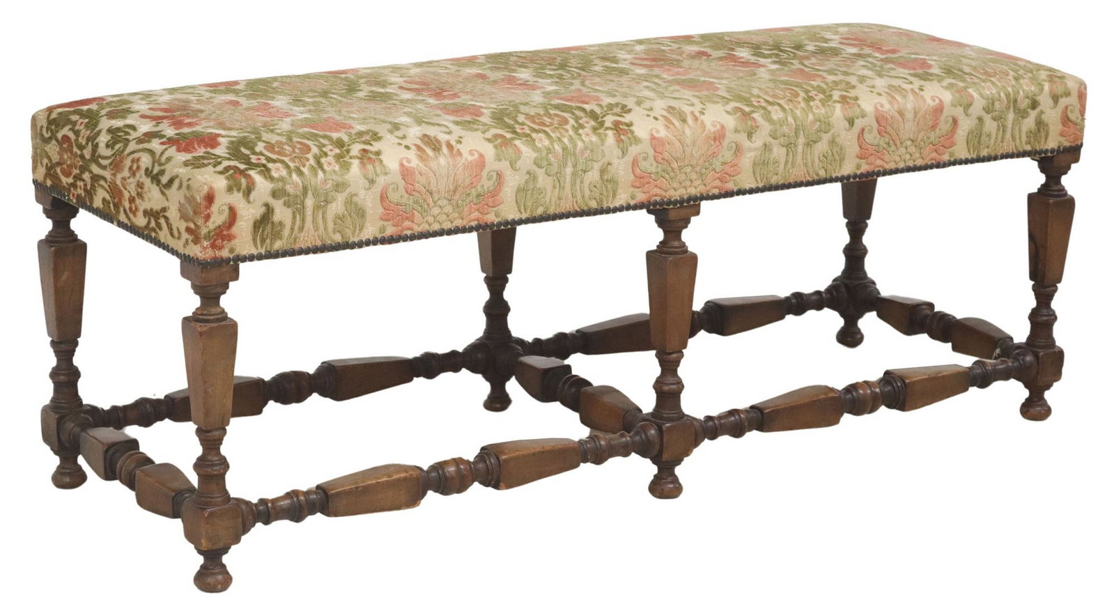 FRENCH LOUIS XIII STYLE BENCH: French Louis XIII style bench, early 20th c., cut-velvet upholstered seat, trimmed with nail-heads, on turned and stretcher-joined supports, approx 19"h, 51"l, 18"w