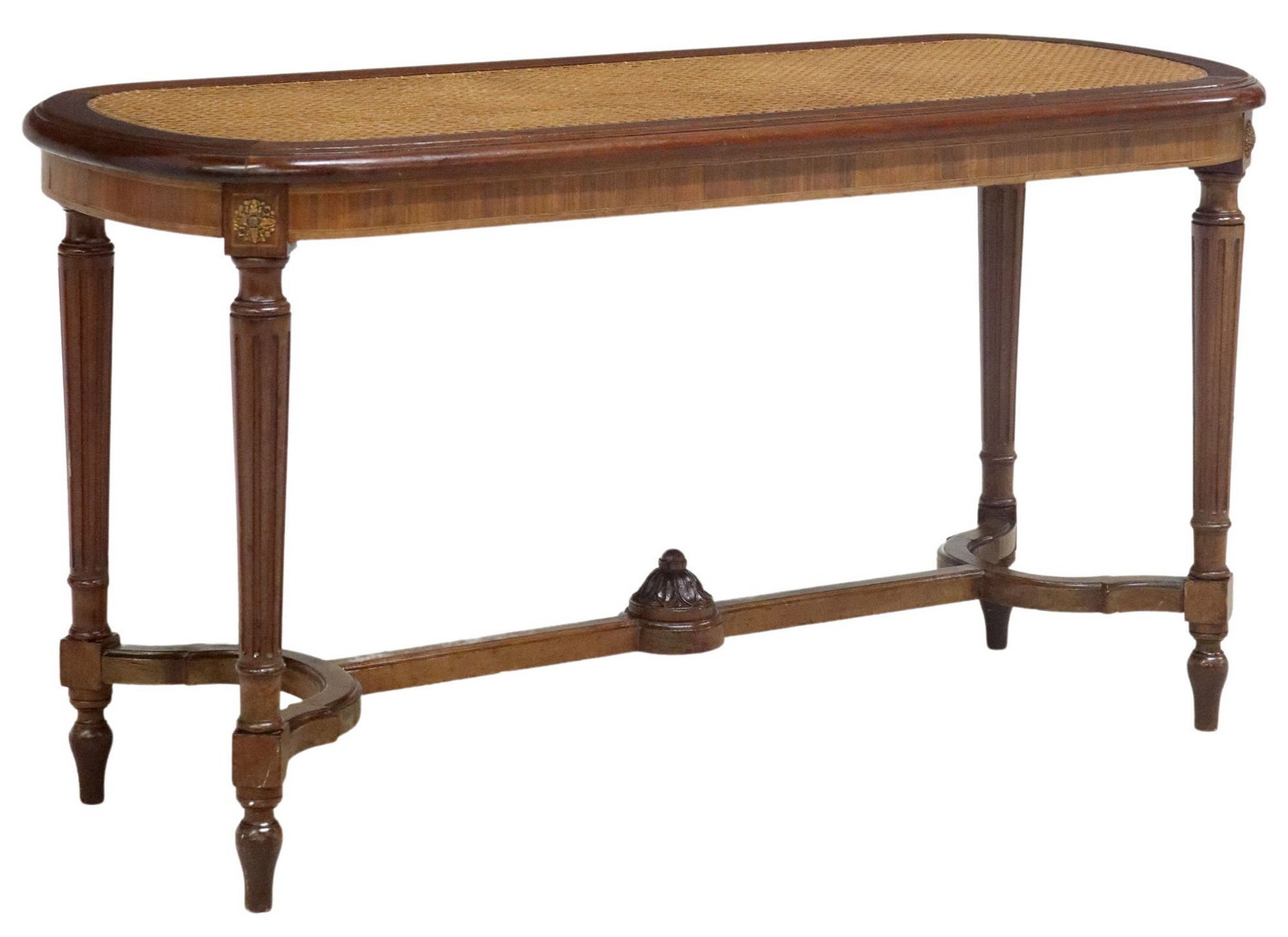 FRENCH LOUIS XVI STYLE CANE-SEAT BENCH: French Louis XVI style bench, 20th c., cane seat, on tapering fluted legs, restoration to one end of cross stretcher, approx 20.75"h, 39.5"w, 15"d