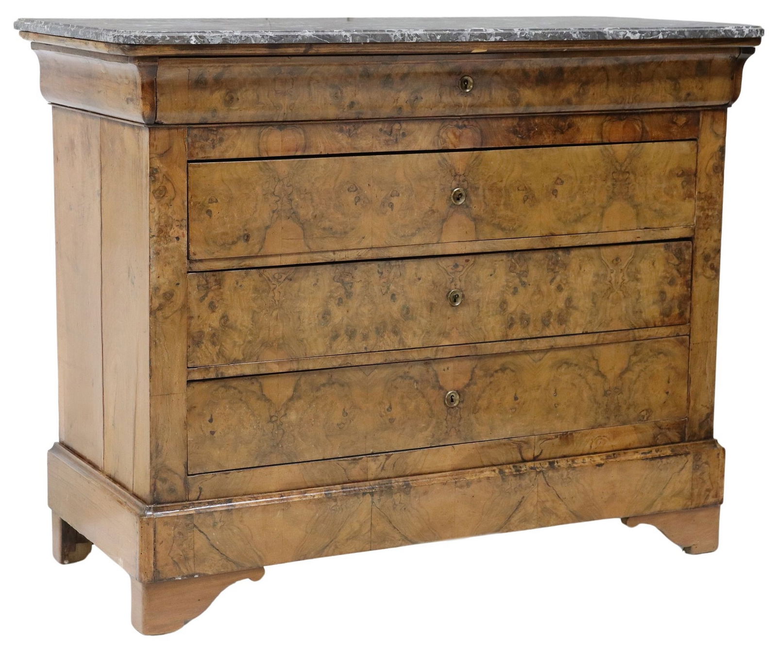 FRENCH LOUIS PHILIPPE MARBLE-TOP BURLWOOD COMMODE: French Louis Philippe period marble-top commode, mid 19th c., case faced with matched burlwood veneers, ogee frieze drawer, above three additional drawers, on bracket feet, separation at side panels,