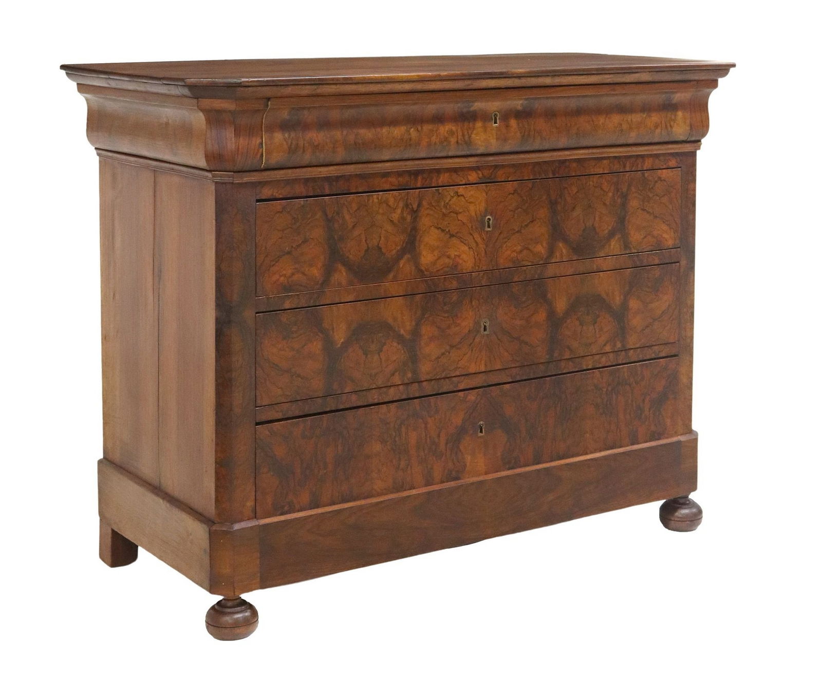 FRENCH LOUIS PHILIPPE PERIOD FIGURED WALNUT COMMODE: French Louis Philippe figured walnut commode, mid 19th c., having shaped top, over frieze drawer, and three standard drawers, rising on bun feet, approx 37.75"h, 48.75"w, 22.25"d