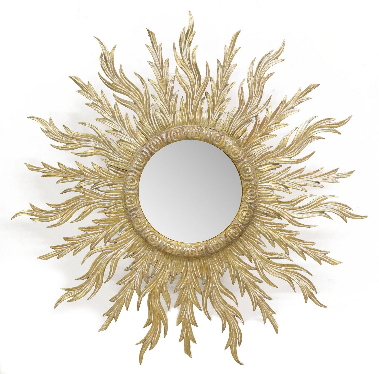 FRENCH GILTWOOD SUN-FORM CONVEX WALL MIRROR, 37.5"DIAM: French giltwood sun-form wall mirror, 20th c., fanned frame with central spiraled border, encasing tinted convex mirror plate, approx 37.5"diam, 7lbs