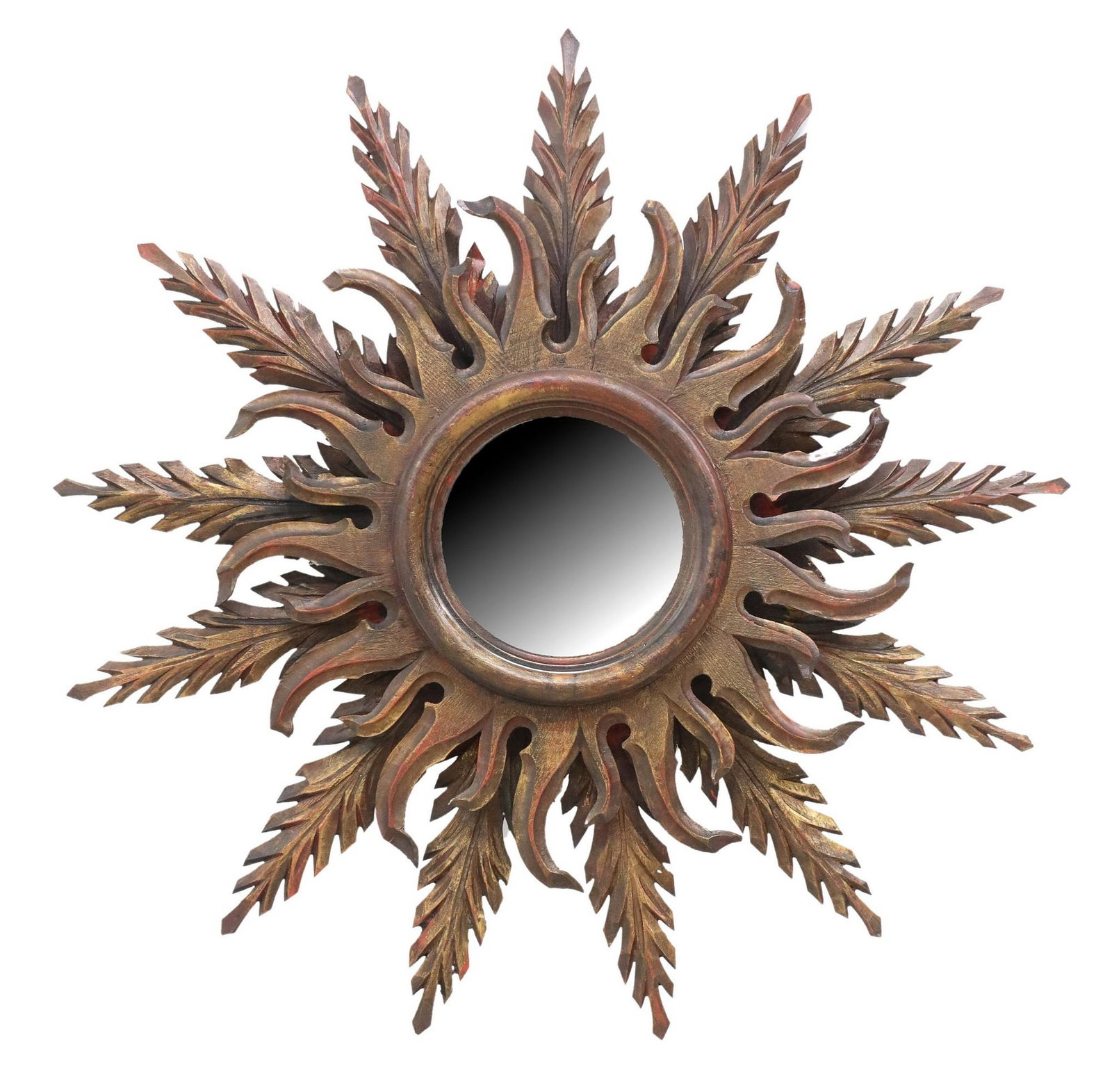 CONTINENTAL SUN-FORM CARVED WOOD WALL MIRROR, 31"DIAM: Continental sun-form carved wood wall mirror, 20th c., two radiating fanned tiers around circular frame, encasing flat mirror plate, typical small chips and glue repair to raised elements, approx 31&q