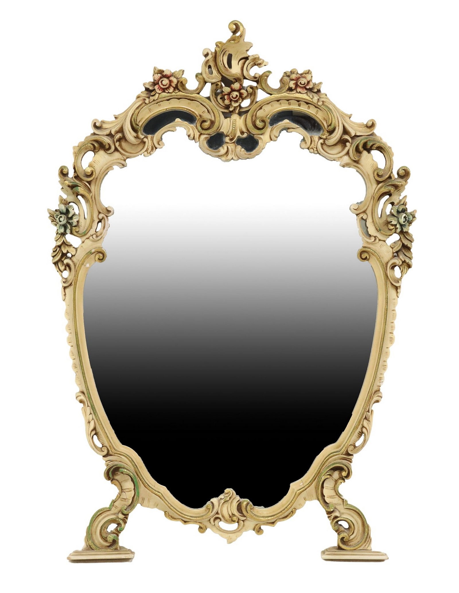 VENETIAN LOUIS XV STYLE PAINT-DECORATED WALL MIRROR: Italian Venetian Louis XV style paint-decorated over mantel mirror, 20th c., having scrolled foliate frame with floral blossoms and parcel gilt accents, encasing flat mirror plate, glue repair to