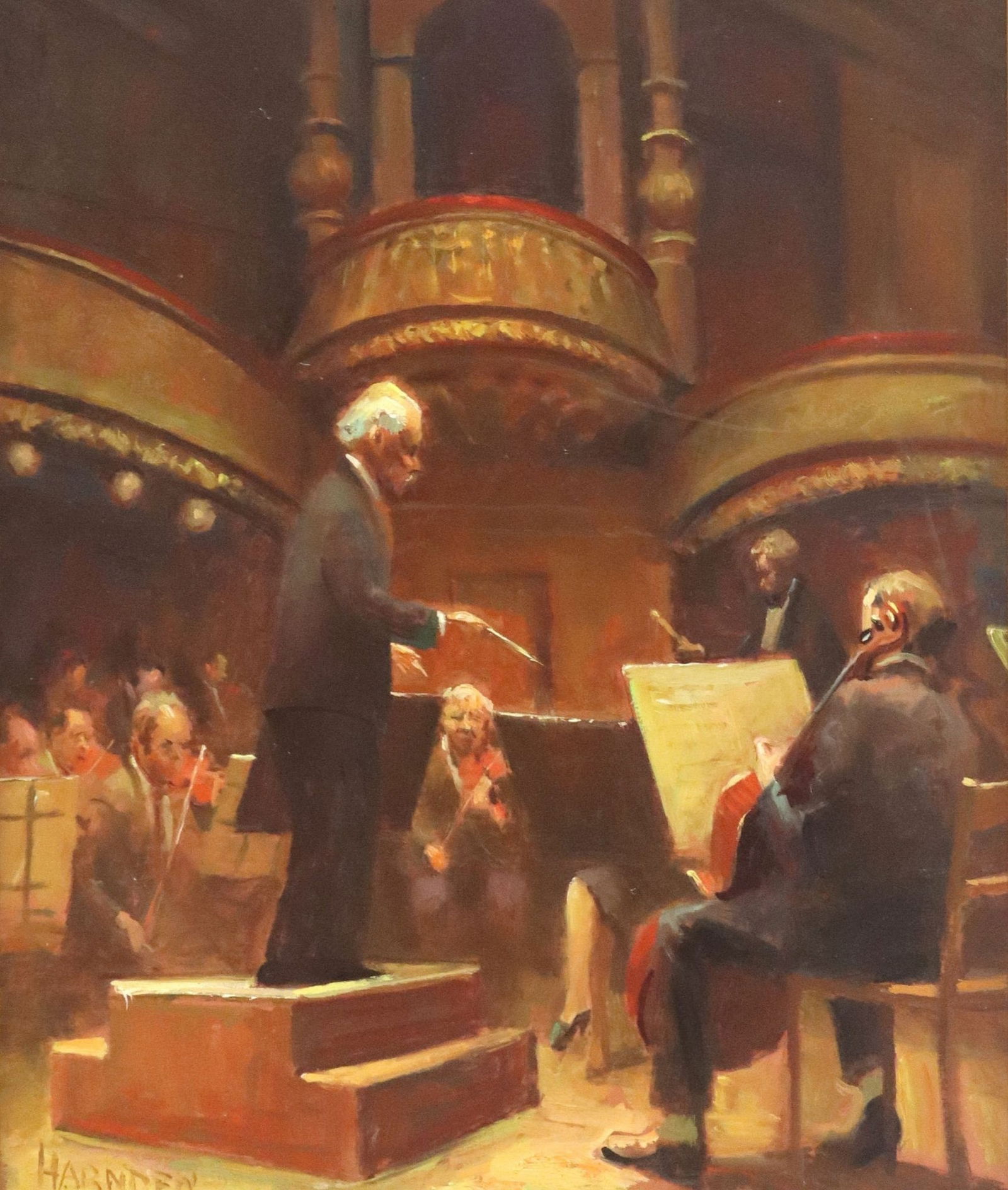 WILLIAM HARNDEN (1920-1983) PAINTING CONDUCTOR WITH ORCHESTRA: Framed oil on Masonite painting, Conductor with Orchestra, signed lower left Harnden (William Harnden, American, 1920-1983), sight: approx 23 5/8"h, 19 5/8"w, overall: approx 34.25"