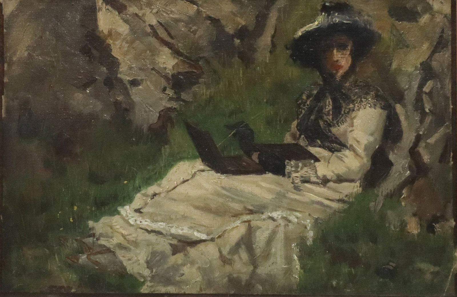 FRENCH SCHOOL PAINTING LADY PAINTING EN PLEIN AIR: Framed oil on canvas painting, Elegant Lady Painting En Plein Air, signed center left R. Vincent, inscribed St Pair, dated 6 Oct. 77, verso canvas stenciled Moirinat (Maison Moirinat), 184. Faubourg S