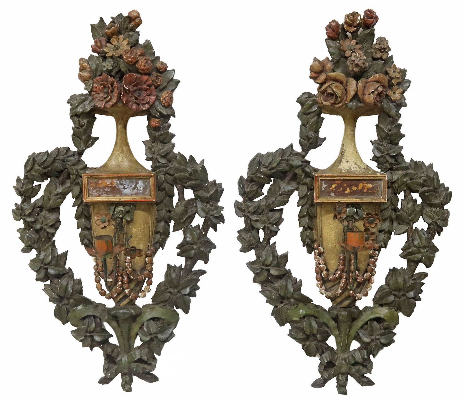(2) CONTINENTAL COMPOSITE URN-FORM 1-LT CANDLE SCONCES: (pair) Continental composite single-light candle sconces, each having vasiform urn and central glazed frame, supporting iron arm with floriform bobeche, surrounded by floral bouquet and foliate swag, 