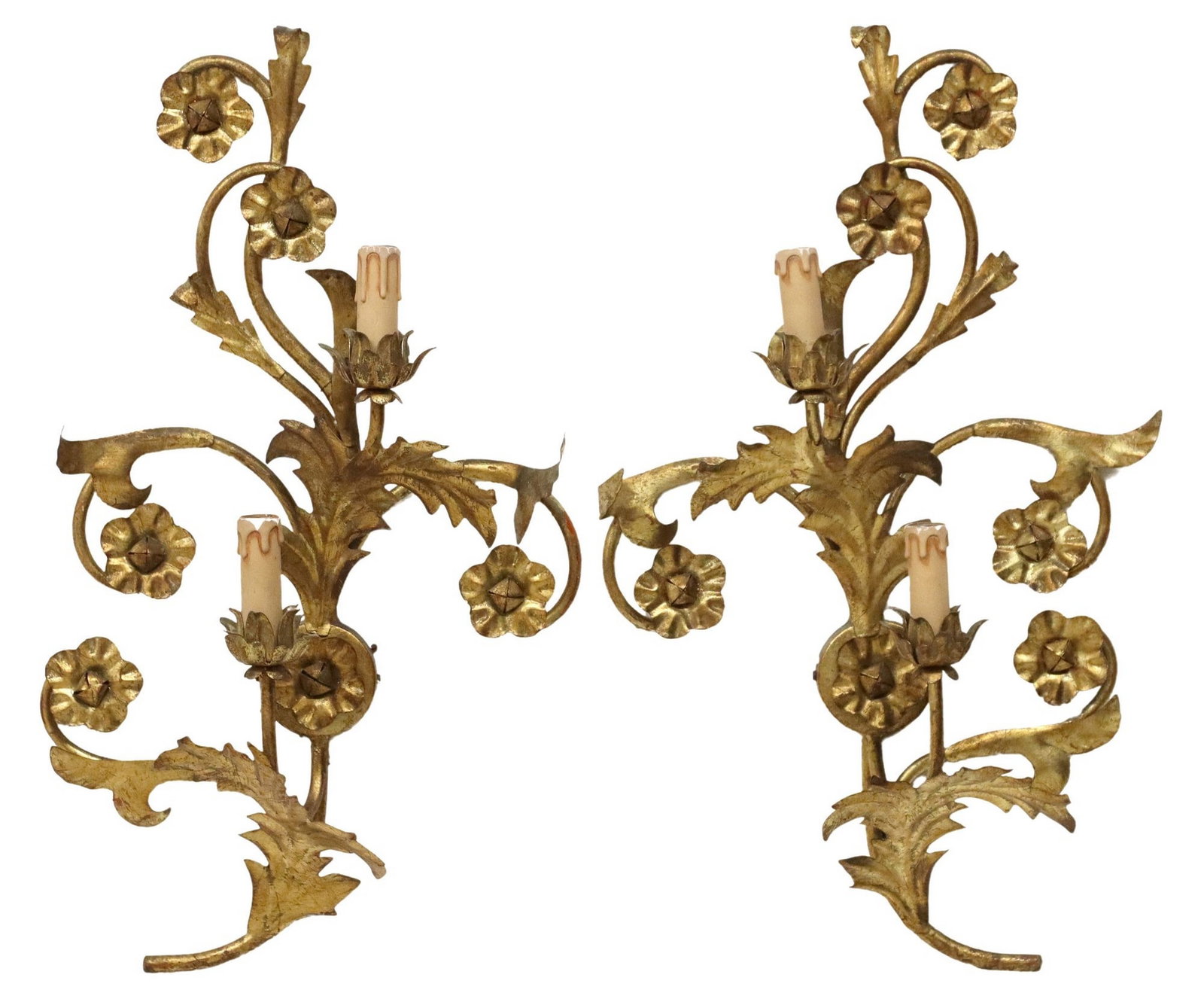 (2) ITALIAN GILT IRON SCROLLED FOLIATE 2-LT WALL SCONCES: (pair) Italian gilt iron two-light wall sconces, 20th c., having scrolled foliate frame with floral blossoms, issuing two arms, each terminating on tiered floriform bobeche and faux candle, in ne
