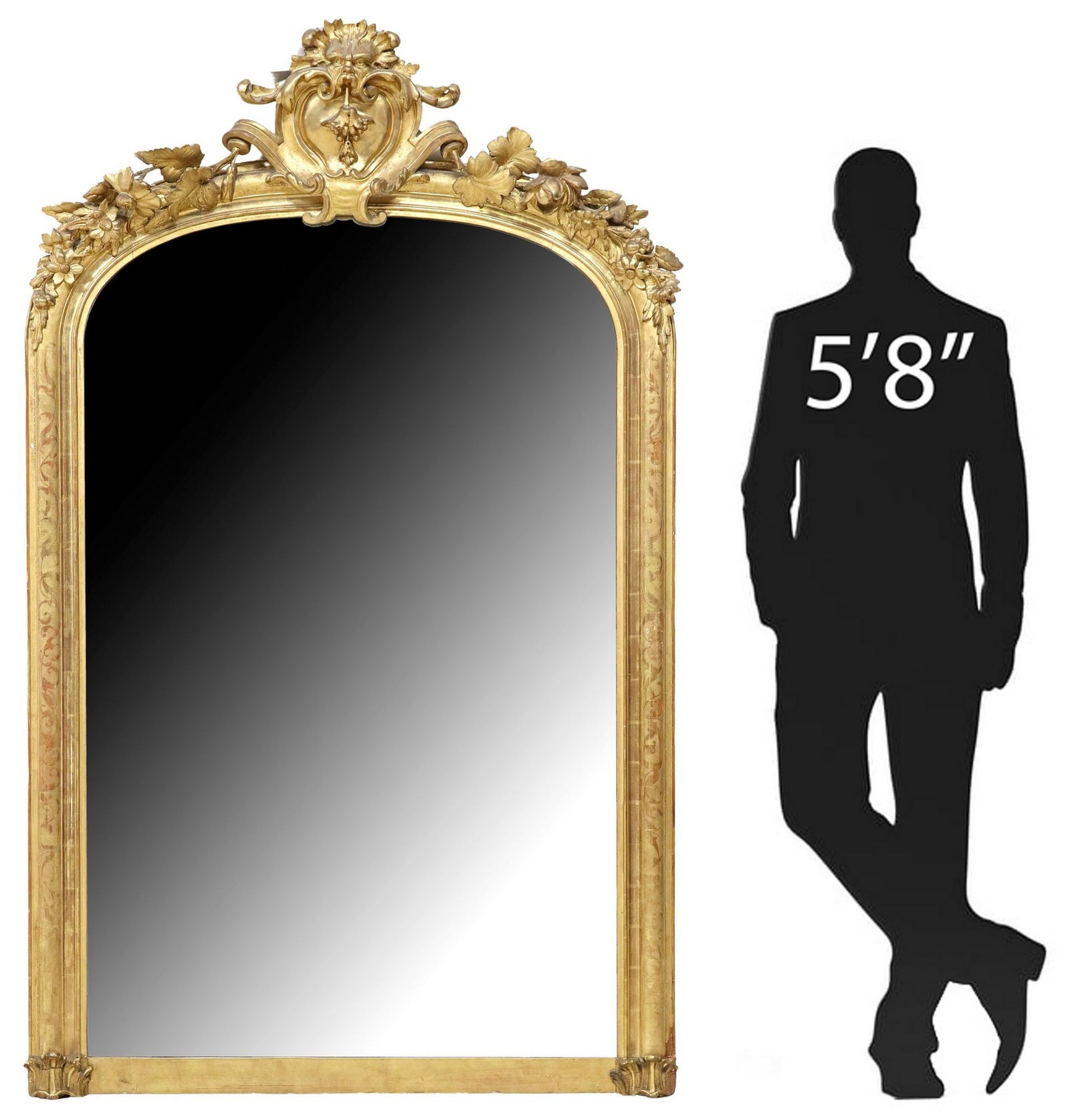 LOUIS XV STYLE GILTWOOD WALL MIRROR: Louis XV style giltwood wall mirror, 19th c., having grotesque mask crest, floral frame with embossed scrolled foliates, encasing flat mirror plate, loss to top crest, bottom frame intact with re