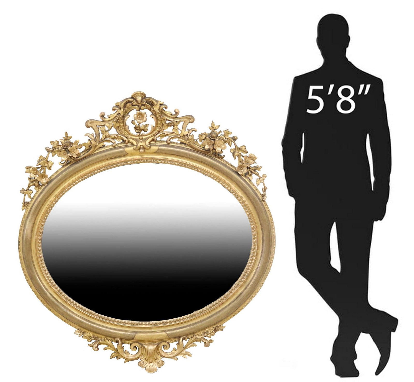 LARGE FRENCH LOUIS XV STYLE GILTWOOD OVAL MIRROR, 50" X 46": Large French Louis XV style giltwood wall mirror, late 19th c., having pierced crest with floral blossoms and foliate scrollwork, above ovular frame with beaded trim, encasing flat mirror plate, 