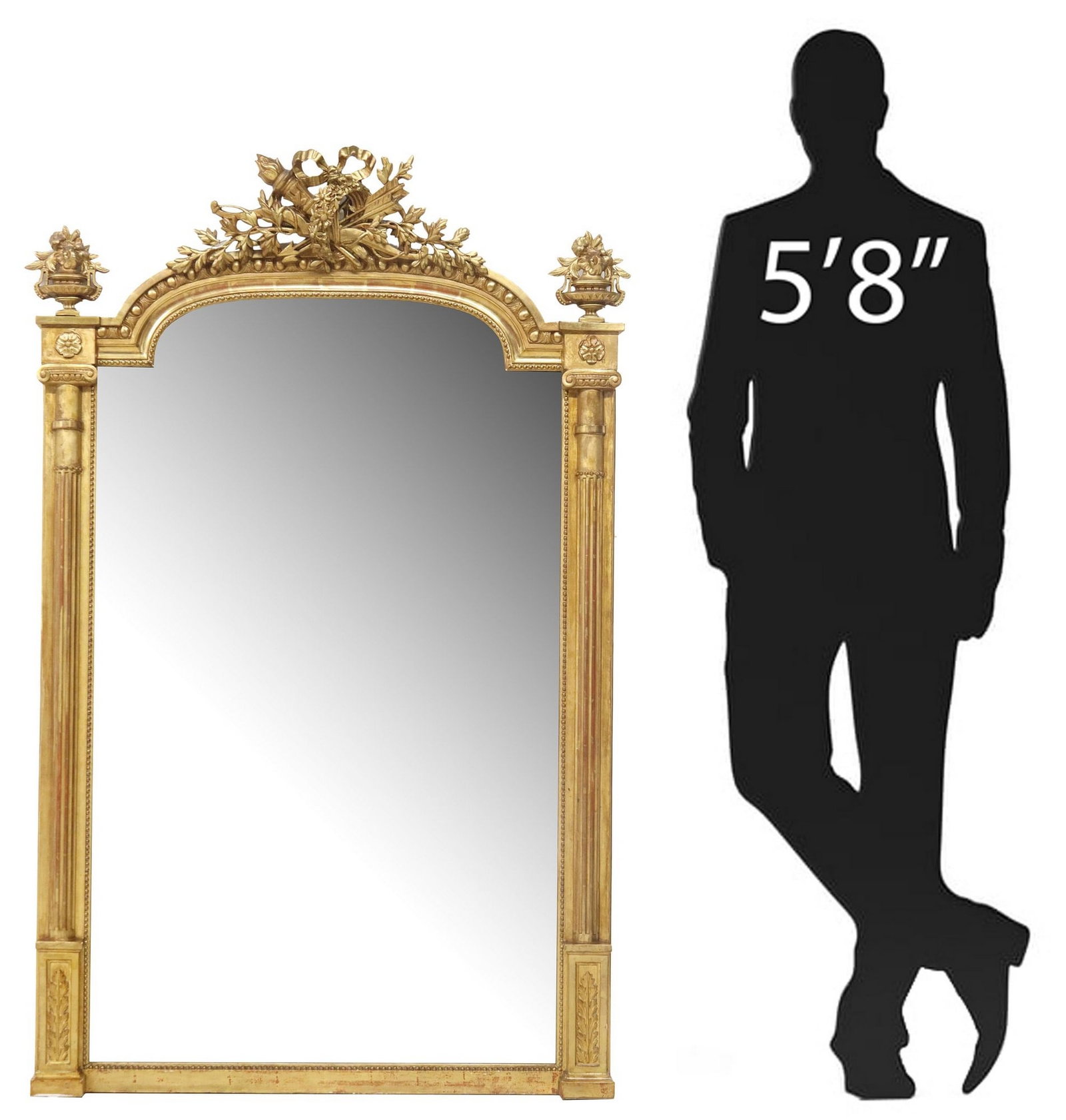FRENCH LOUIS XVI STYLE GILTWOOD BEVELED MIRROR, 61" X 39": French Louis XVI style giltwood mirror, 19th c., ribbon crest, centering torch and quiver of arrows, flanked by fluted pilasters, beaded inner frame, encasing beveled mirror plate, approx 60 7/8&