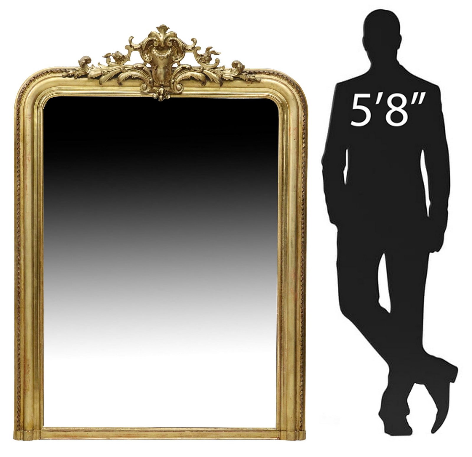 LARGE FRENCH LOUIS XV STYLE GILTWOOD MIRROR, 65" X 46.5": Large French Louis XV style giltwood mirror, late 19th c., having scrolled foliate crest, over arched frame with ribbon twist molding, encasing flat mirror plate, some later gilt painted touchups