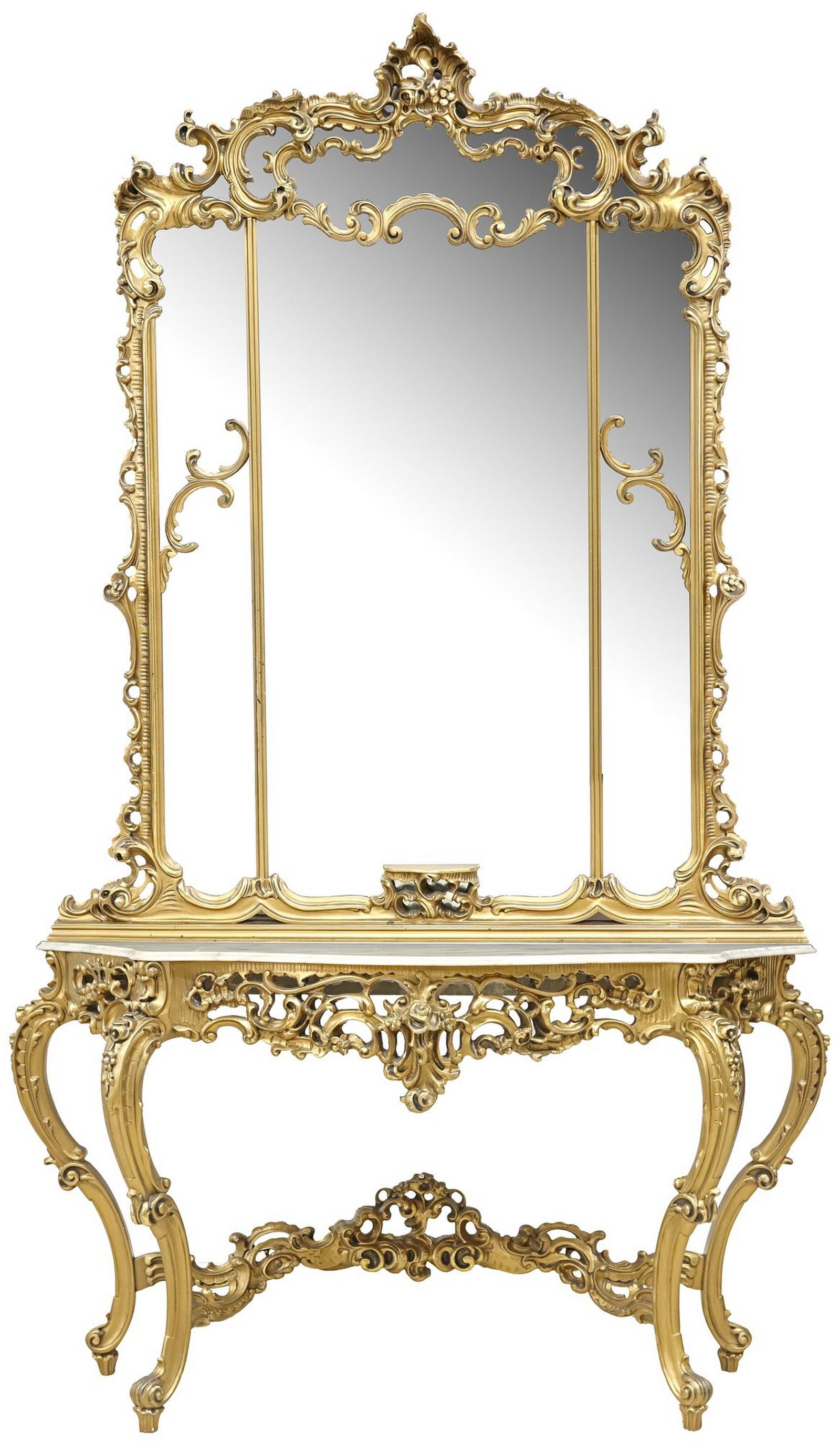 LOUIS XV STYLE GILTWOOD CUSHION MIRROR & MARBLE-TOP CONSOLE: Louis XV style giltwood console table and mirror, 20th c., parclose mirror with rocaille crest, encasing flat mirror plate, over shaped console table with marble top, rising on stretcher-joined cabrio