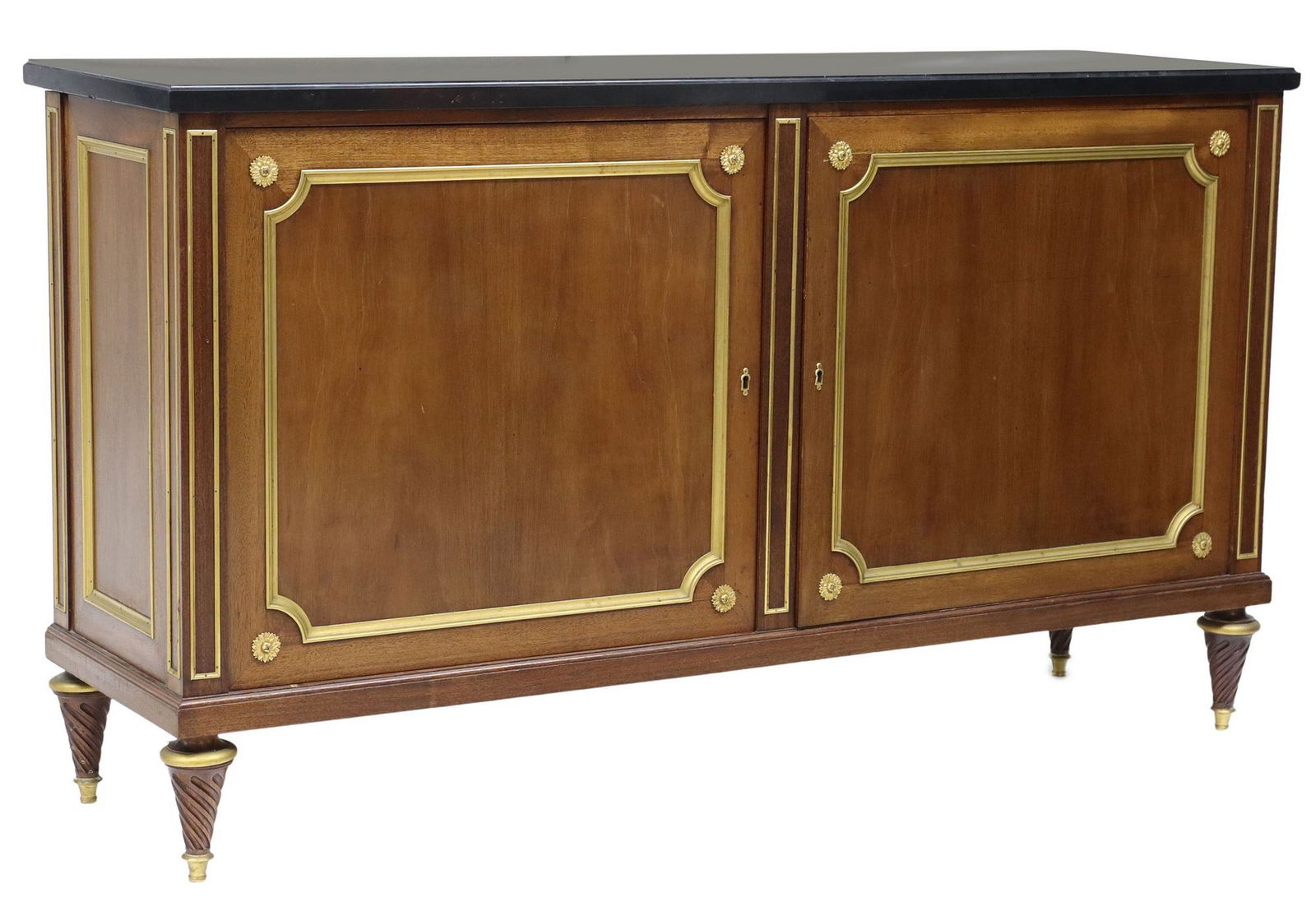 FRENCH MAISON JANSEN LOUIS XVI STYLE MARBLE-TOP MAHOGANY SIDEBOARD: French Louis XVI style marble-top sideboard, Maison Jansen, early 20th c., ormolu-mounted mahogany case, two cabinet doors, top of case blindstamped JANSEN, marble top with some chipping along edges,
