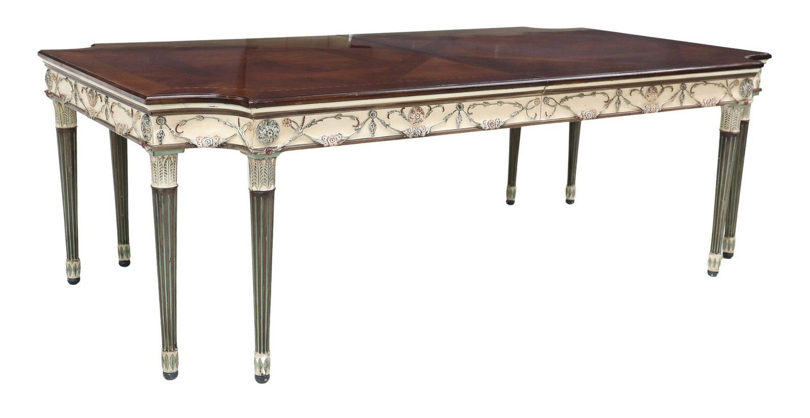 E.J. VICTOR REGENCY STYLE MAHOGANY EXTENSION TABLE: Regency style mahogany extension dining table, E.J. Victor for The Newport Historic Collection, 20th c., having rectangular inlaid top, floral gilt accents to apron, rising on fluted and tapered legs,
