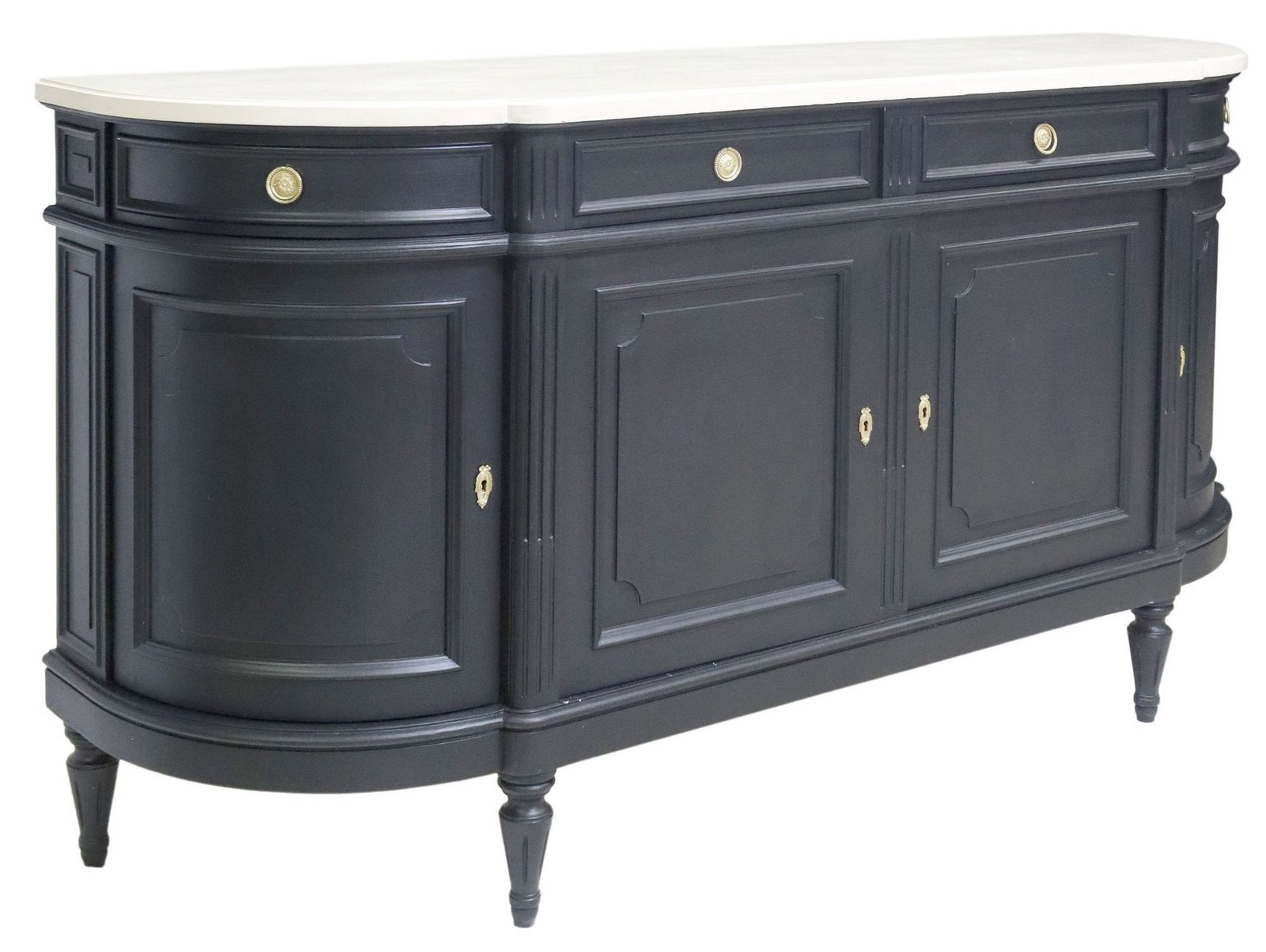FRENCH LOUIS XVI STYLE PAINTED SIDEBOARD: French Louis XVI style painted sideboard, 20th c., having cream-painted shaped top, over black-painted case fitted with four drawers, one of them with divided interior for flatware, over four cabinet 