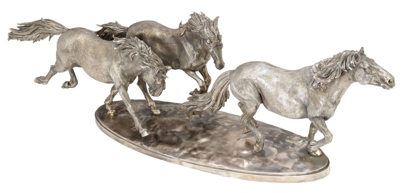 ITALIAN SILVER MODEL OF THREE HORSES: Sterling silver sculpture of three galloping horses, naturalistically modeled with textured bodies, marked MC, 925, *star* 1169 MI [Del Vallino, Milan], Mario Buccellati, possibly a spurious mark, app