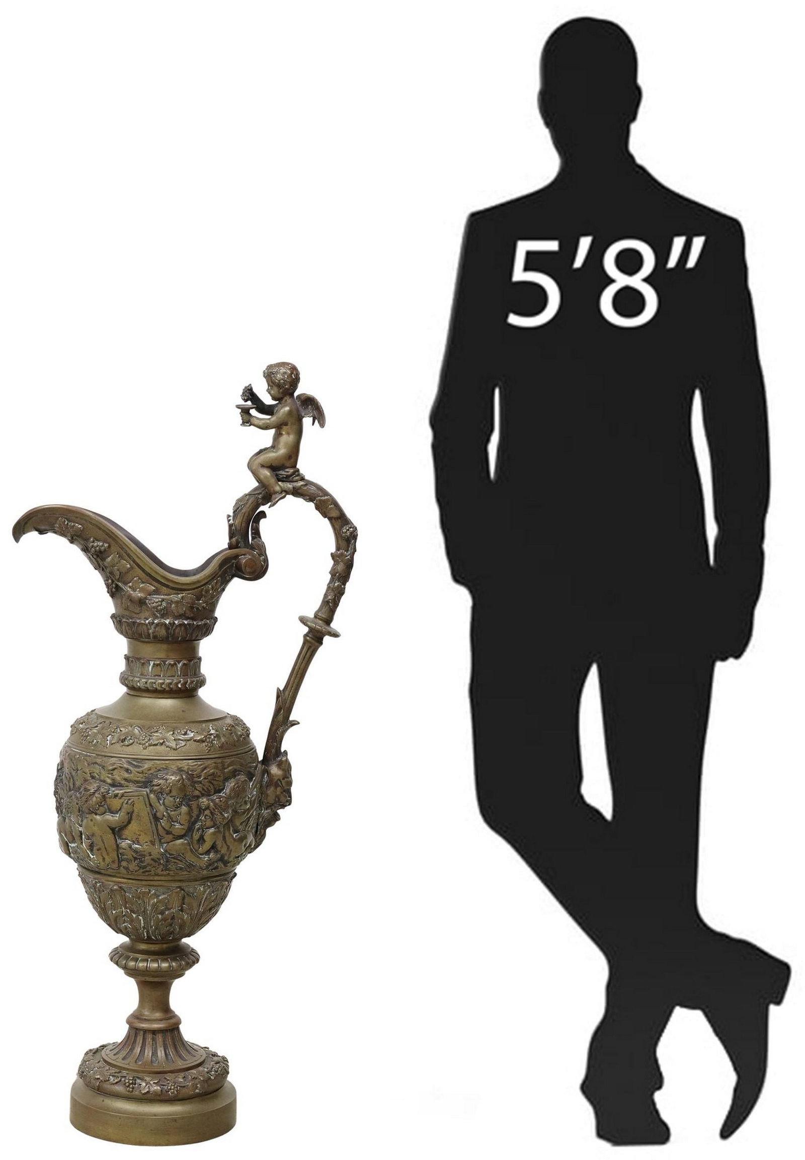 LARGE FRENCH NEOCLASSICAL STYLE CHERUBS BRONZE EWER, 41"H: Large French Neoclassical style bronze ewer, having scrolled handle surmounted with seated cherub, satyr mask join, body with central frieze depicting putti with scientific instruments, grapevines and